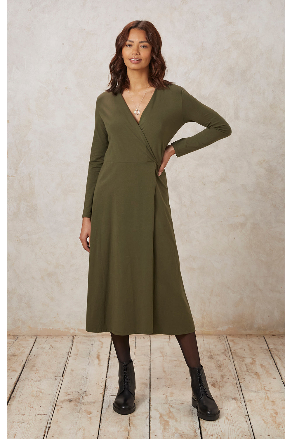 Khaki Organic Cotton Wrap Dress for Women — Belted V Neck Midi