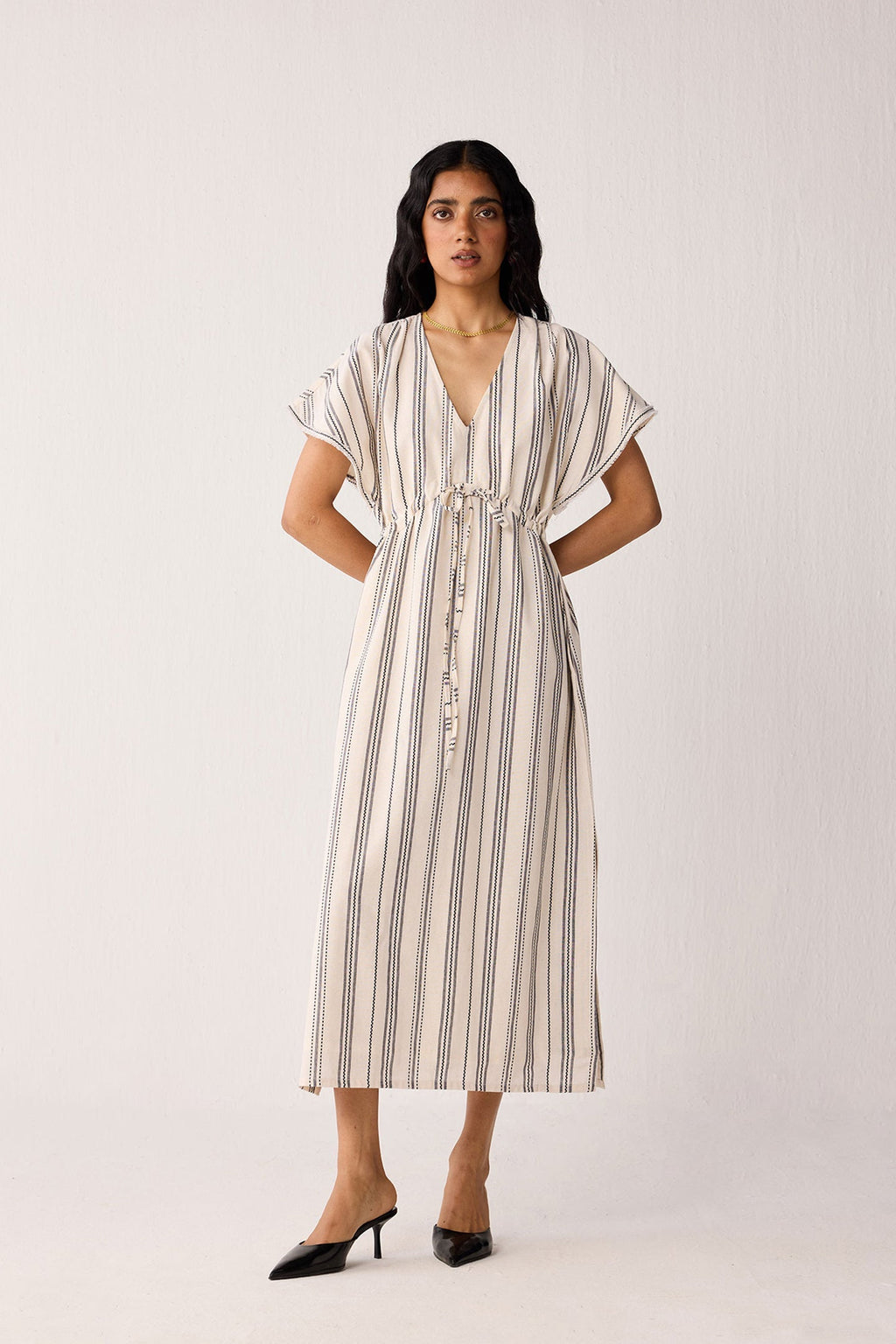 Maxi Gathered Dress with Side Slits in Stripes for Women