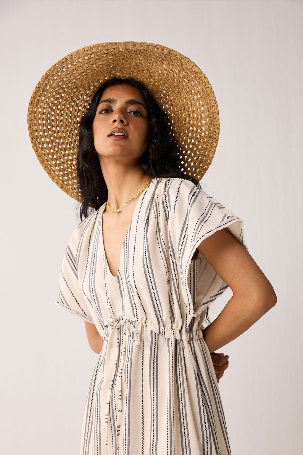 Maxi Gathered Dress with Side Slits in Stripes for Women - gallery