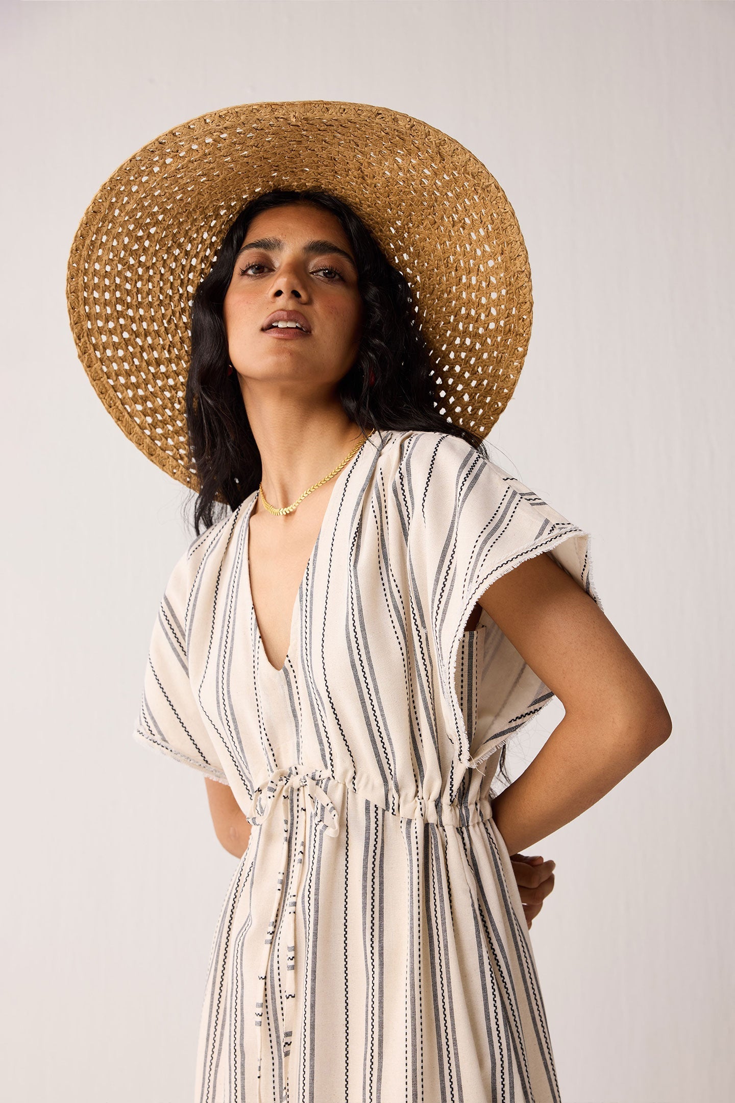Maxi Gathered Dress with Side Slits in Stripes for Women - gallery
