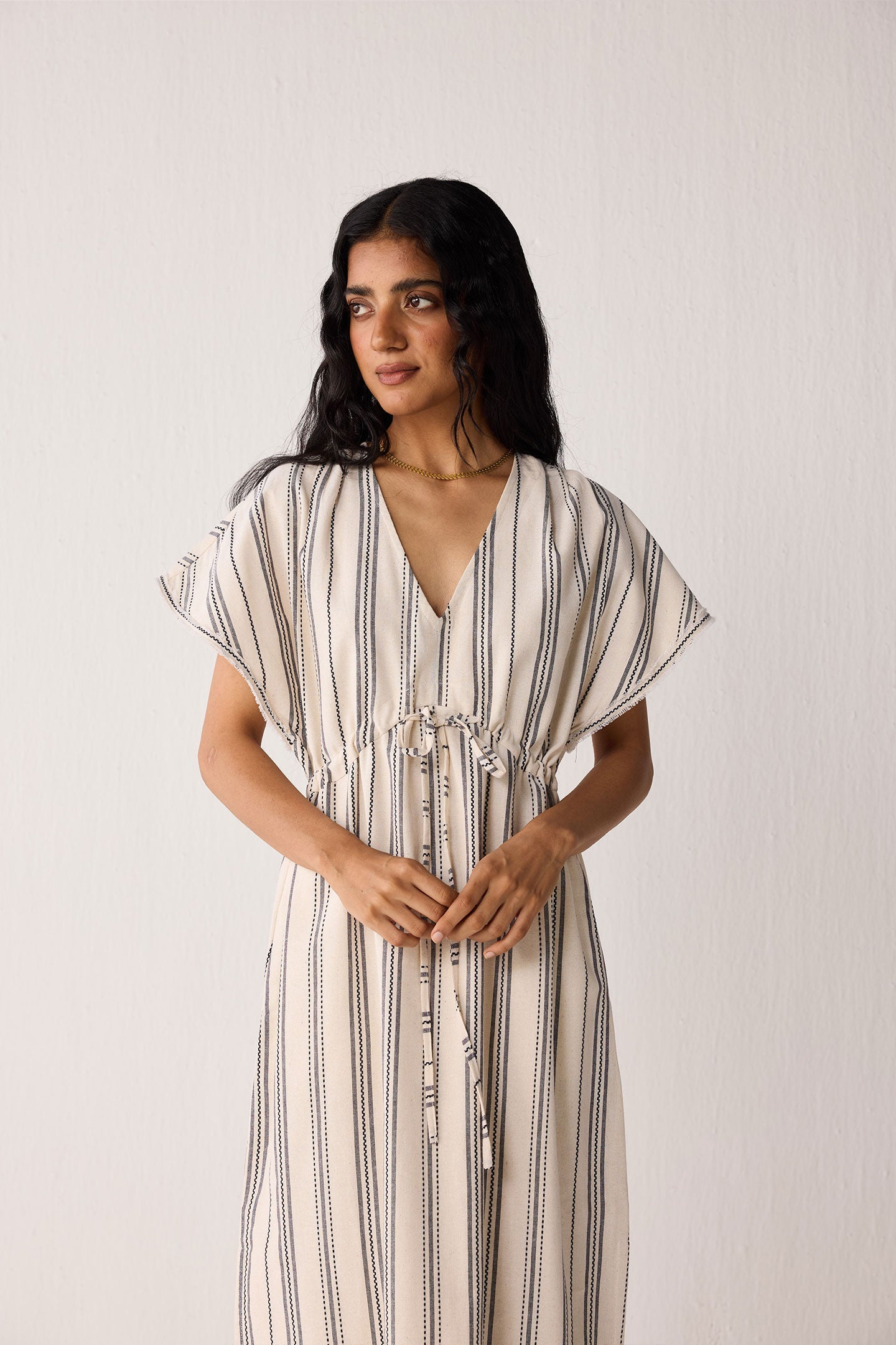 Maxi Gathered Dress with Side Slits in Stripes for Women - gallery