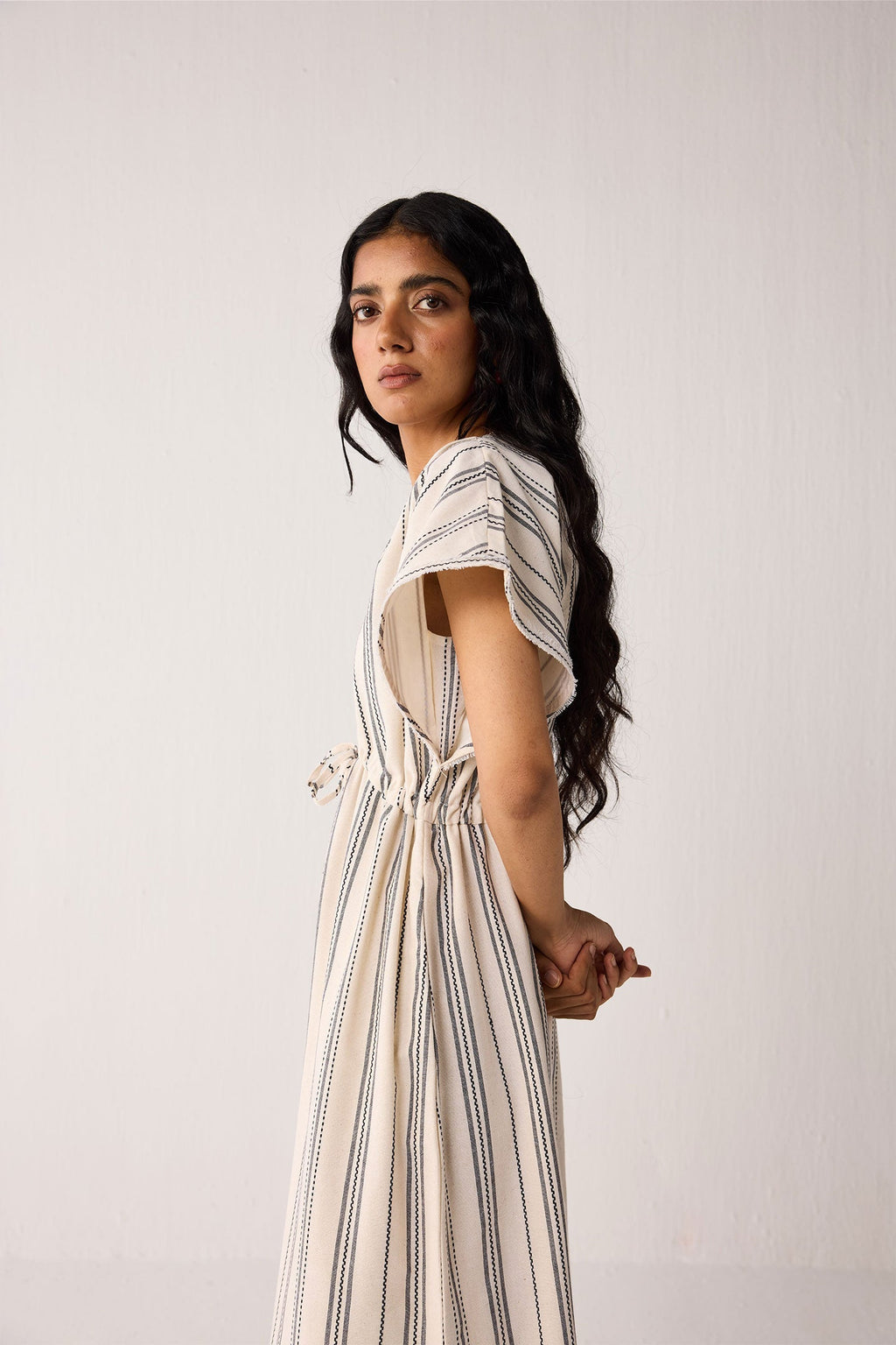 Maxi Gathered Dress with Side Slits in Stripes for Women - gallery