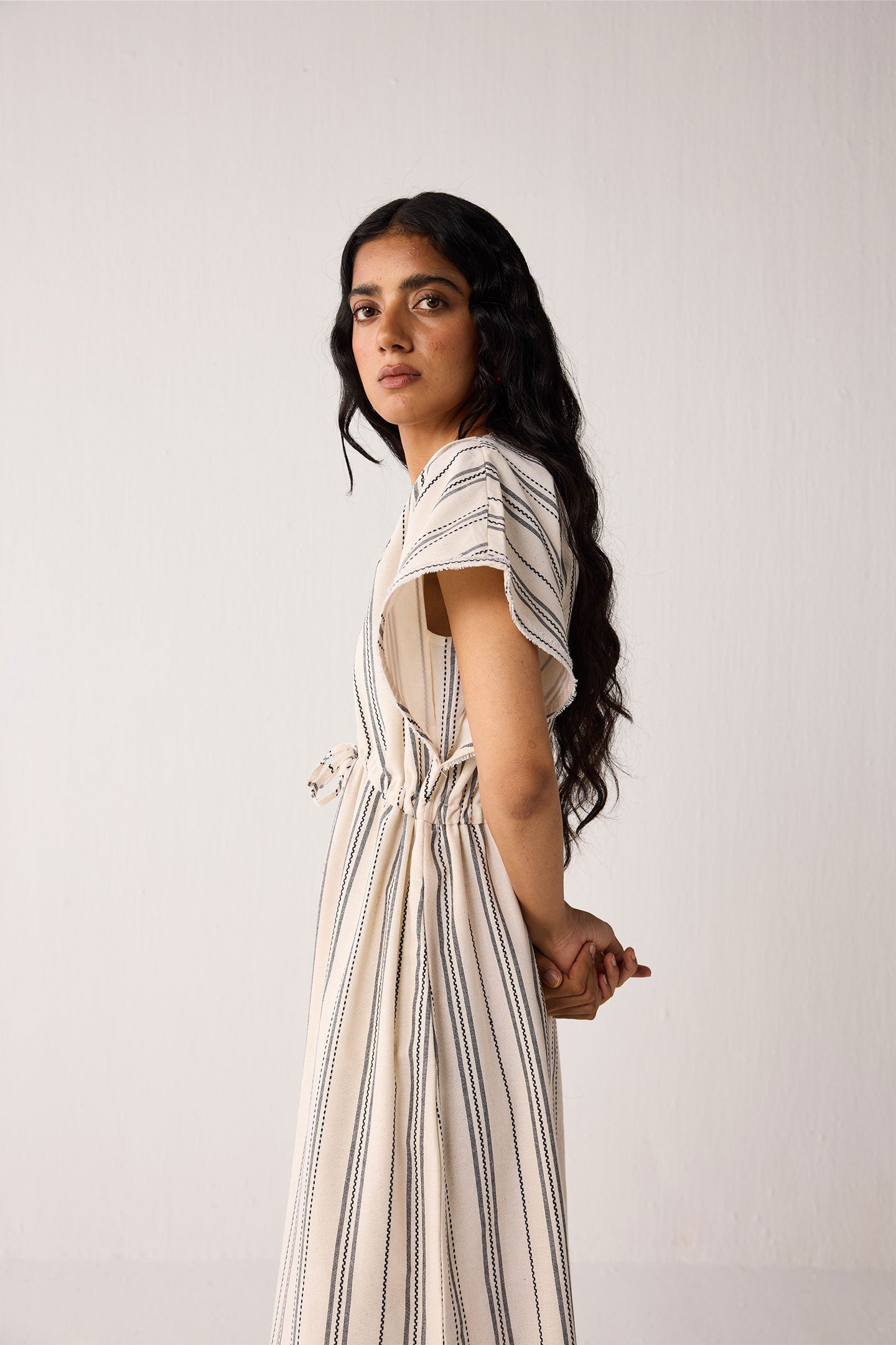 Maxi Gathered Dress with Side Slits in Stripes for Women - gallery
