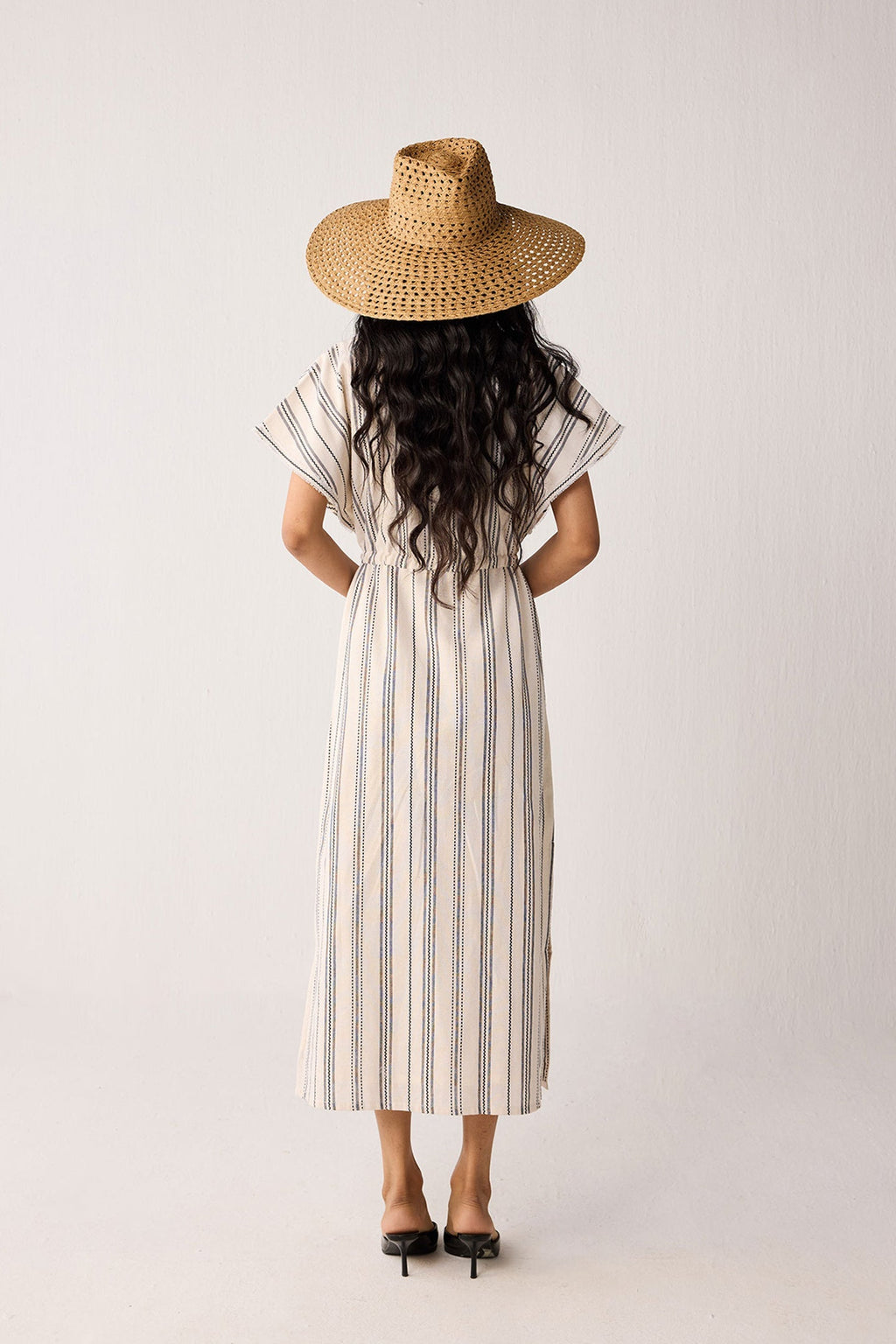 Maxi Gathered Dress with Side Slits in Stripes for Women - gallery