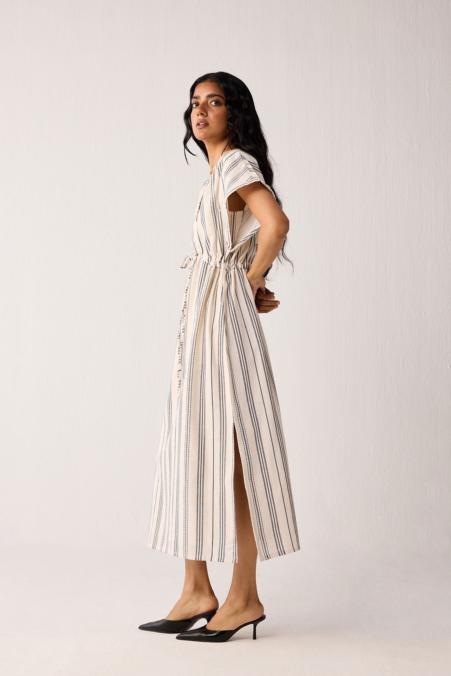 Maxi Gathered Dress with Side Slits in Stripes for Women - gallery