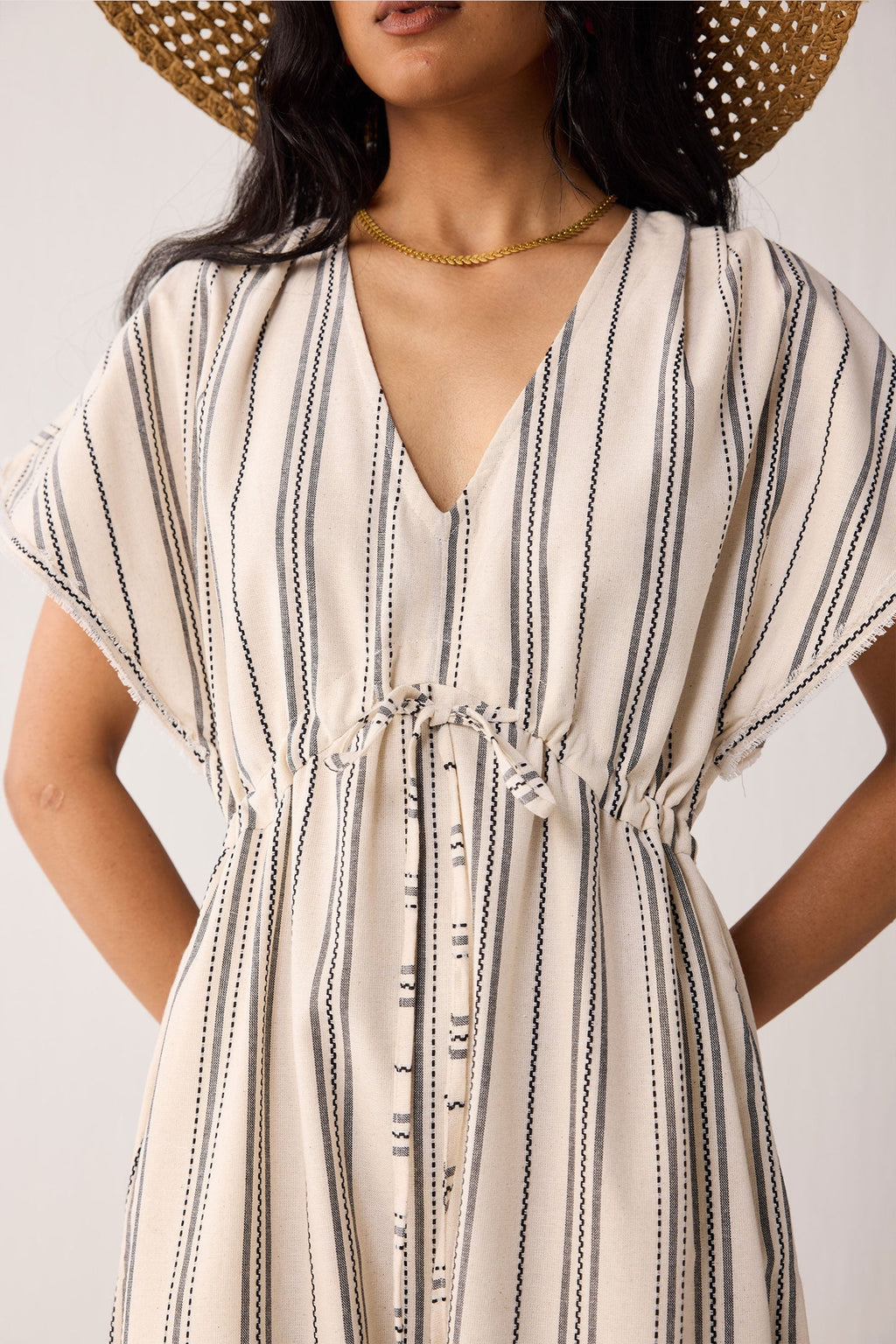Maxi Gathered Dress with Side Slits in Stripes for Women - gallery