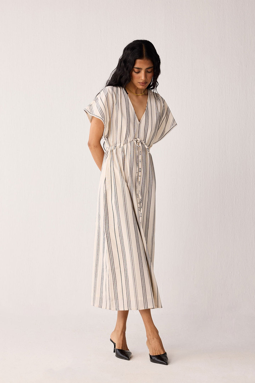 Maxi Gathered Dress with Side Slits in Stripes for Women - gallery