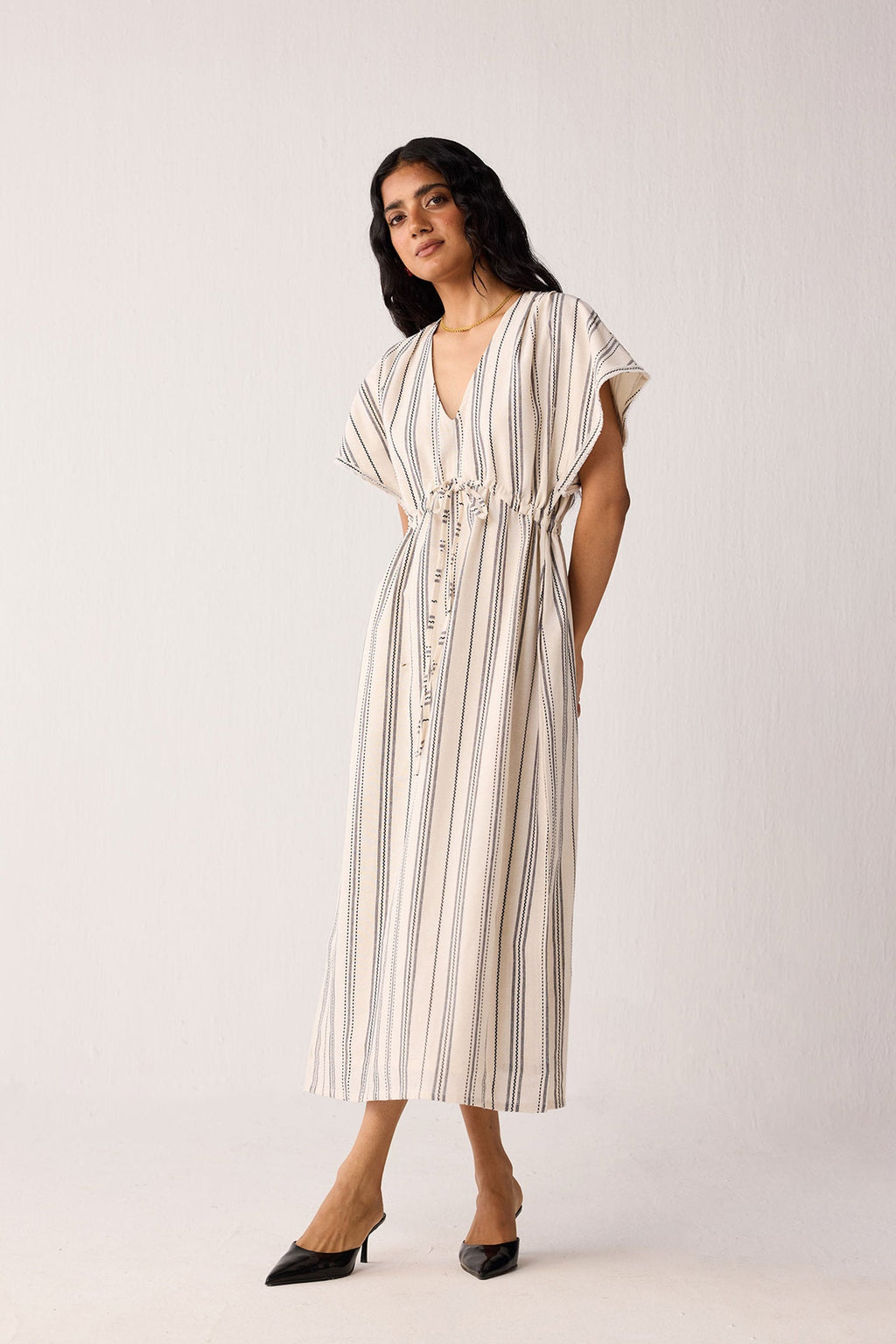Maxi Gathered Dress with Side Slits in Stripes for Women - gallery