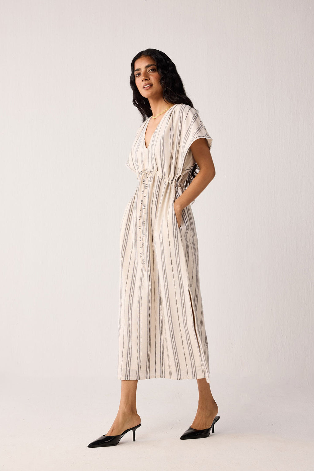 Maxi Gathered Dress with Side Slits in Stripes for Women - gallery