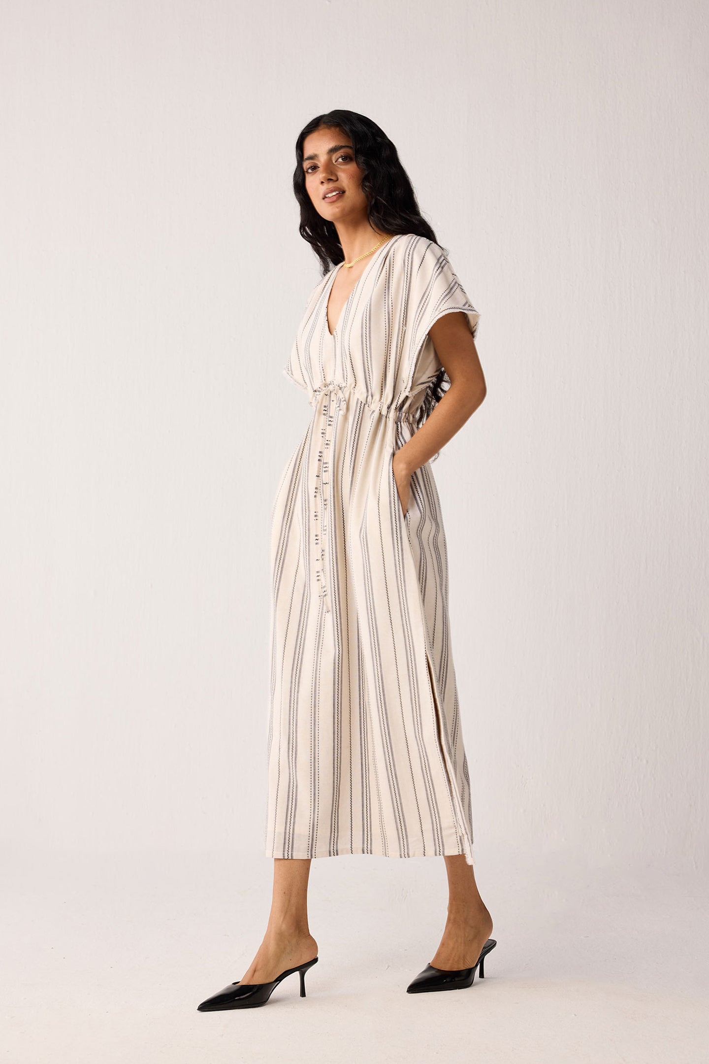 Maxi Gathered Dress with Side Slits in Stripes for Women - gallery