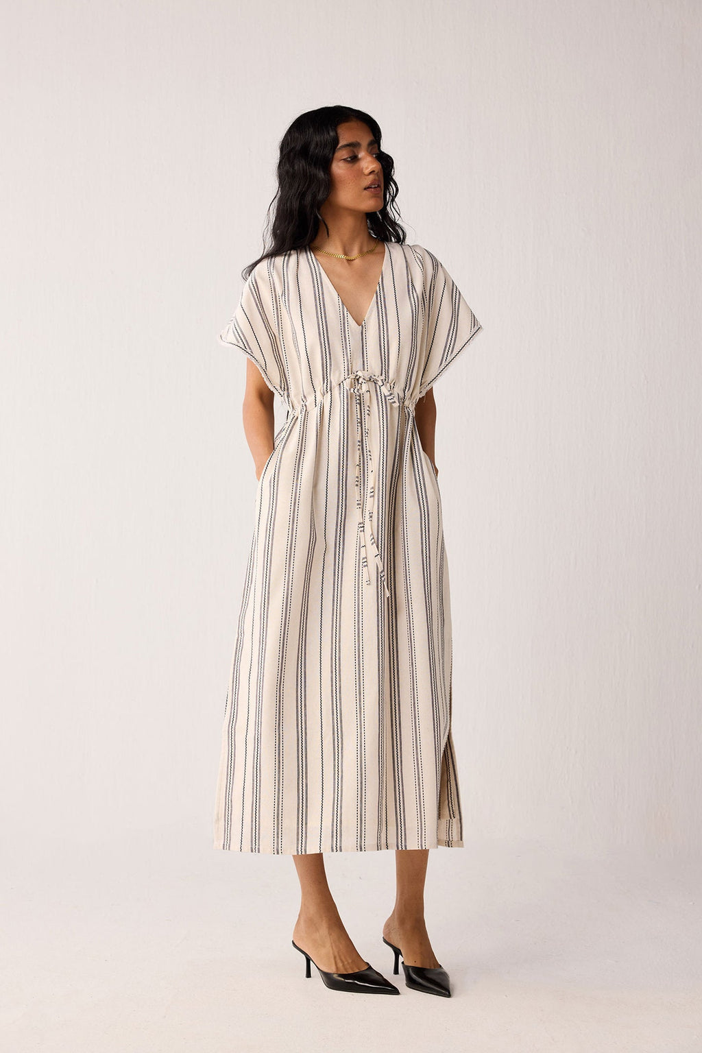 Maxi Gathered Dress with Side Slits in Stripes for Women - gallery