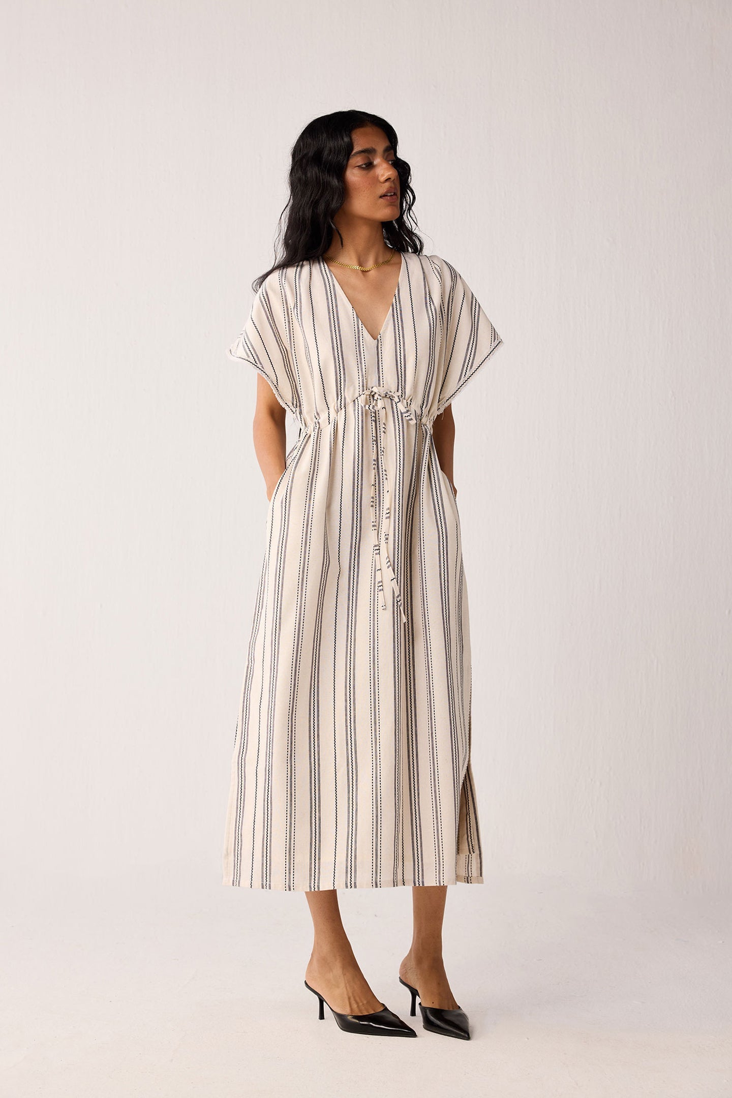 Maxi Gathered Dress with Side Slits in Stripes for Women - gallery
