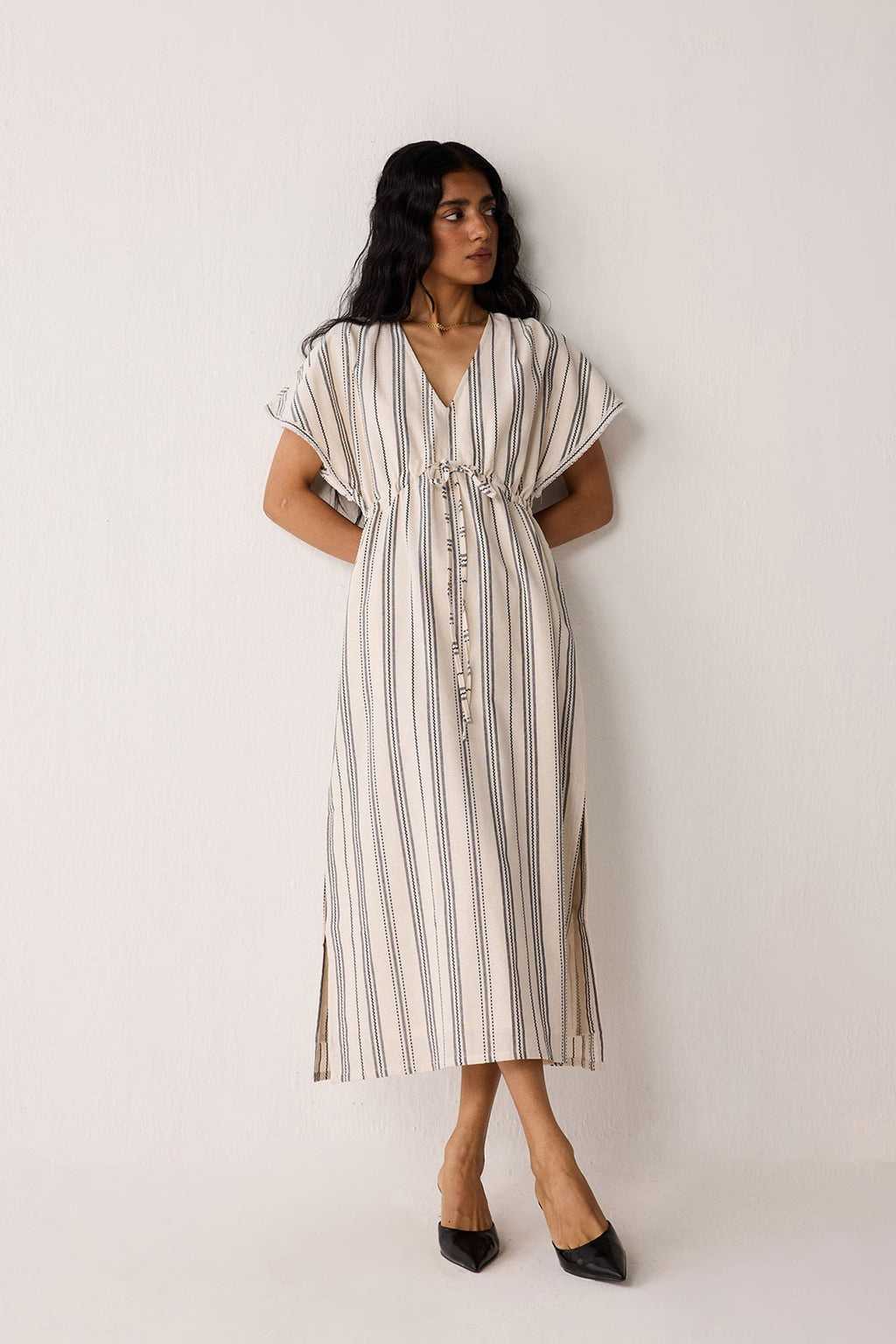 Maxi Gathered Dress with Side Slits in Stripes for Women - gallery