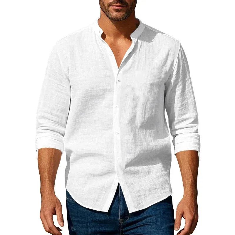 Cotton Linen Henley Neck Shirt for Men