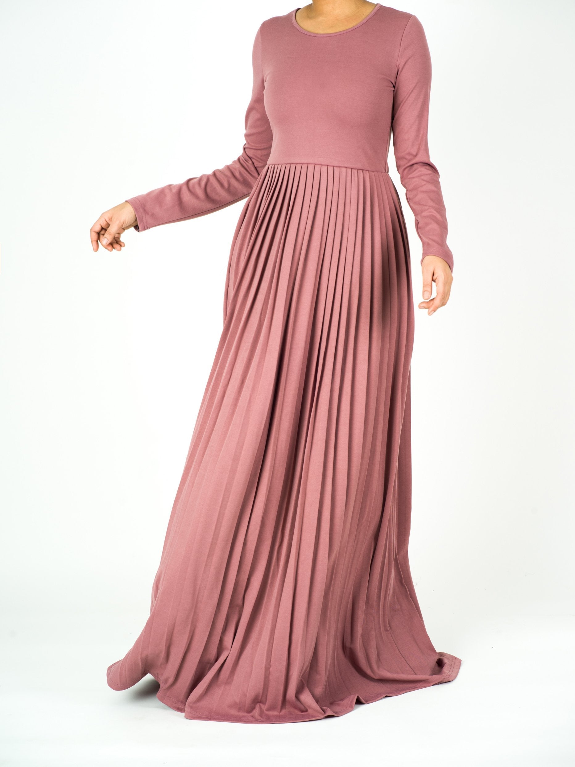 Misty Rose Pleated Modest Maxi Dress for Women — Ponti Fabric