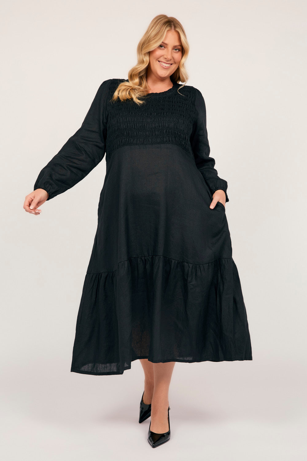 Minden Linen Long Sleeve Shirred Dress in Black — gallery