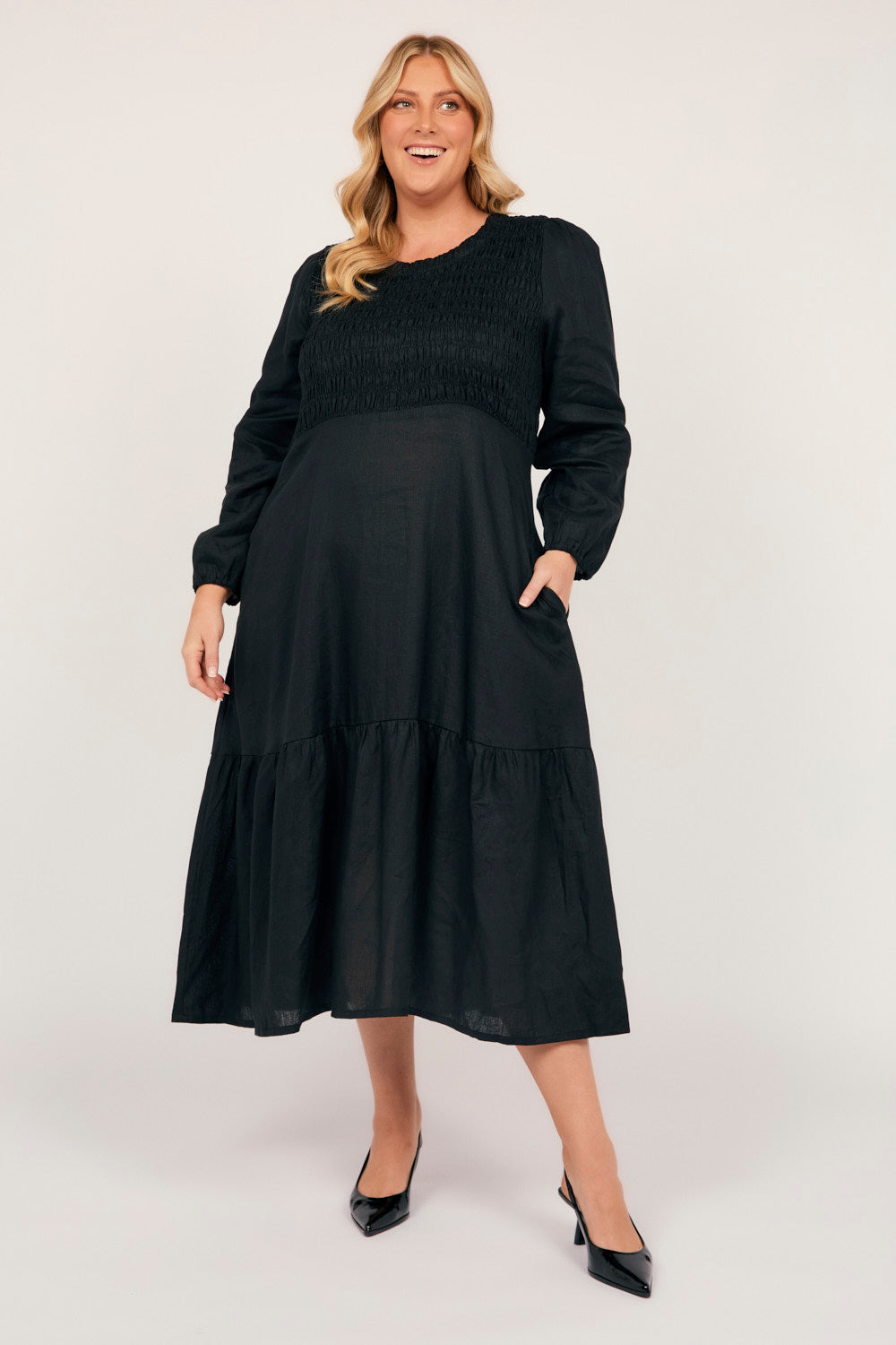 Minden Linen Long Sleeve Shirred Dress in Black — gallery