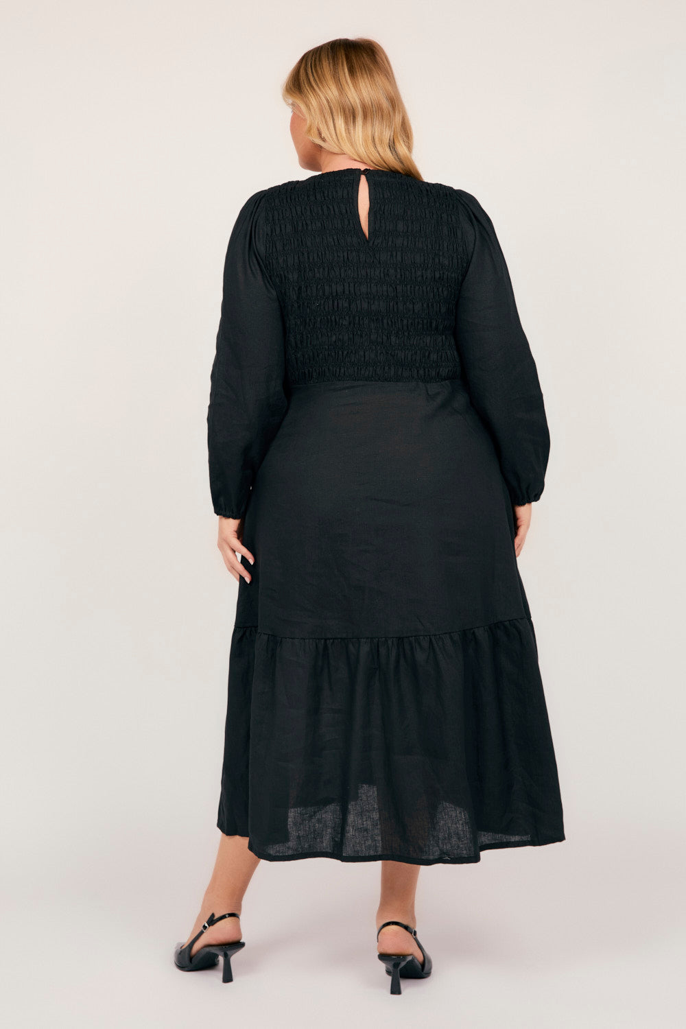 Minden Linen Long Sleeve Shirred Dress in Black — gallery