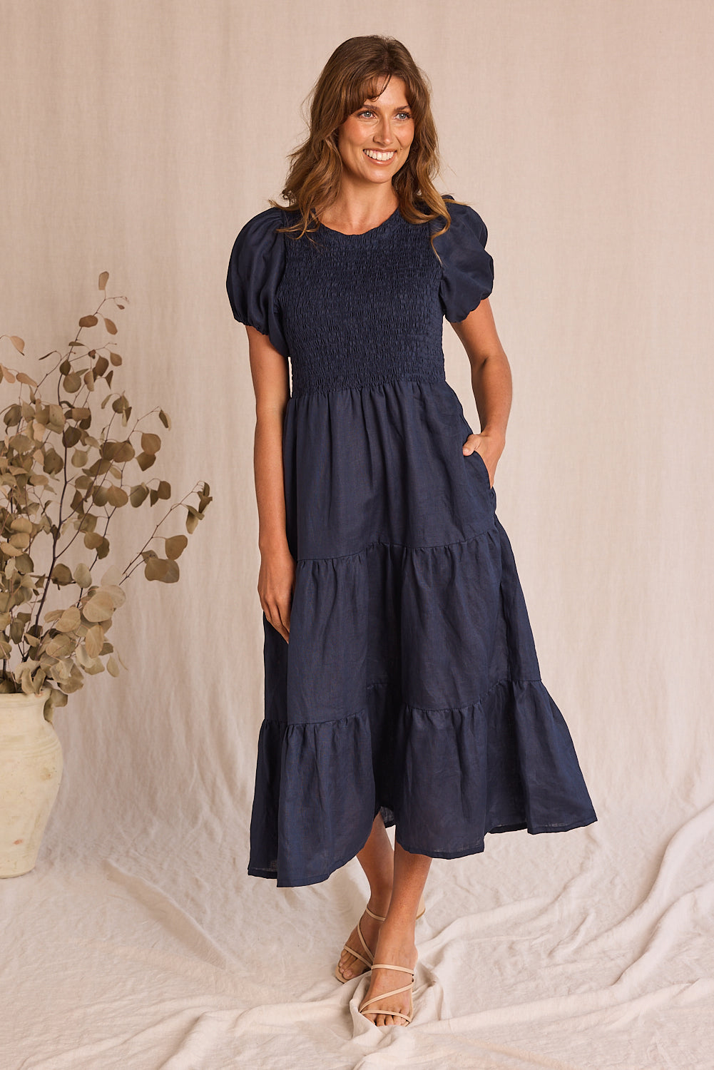 Minden Linen Shirred Short Sleeve Dress in Navy — gallery