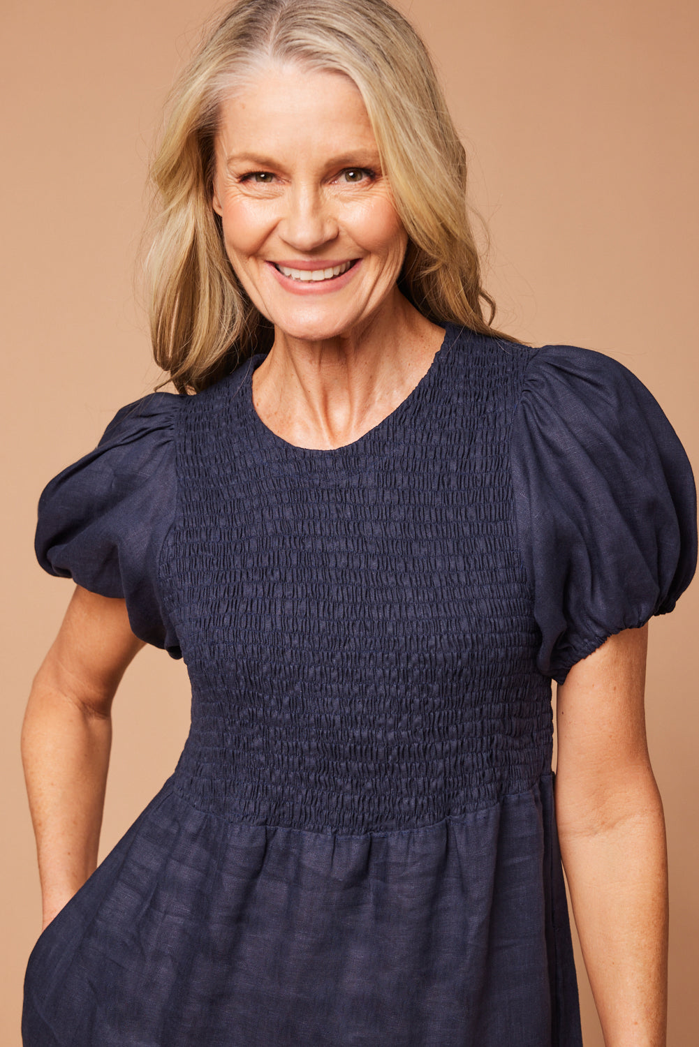 Minden Linen Shirred Short Sleeve Dress in Navy — gallery