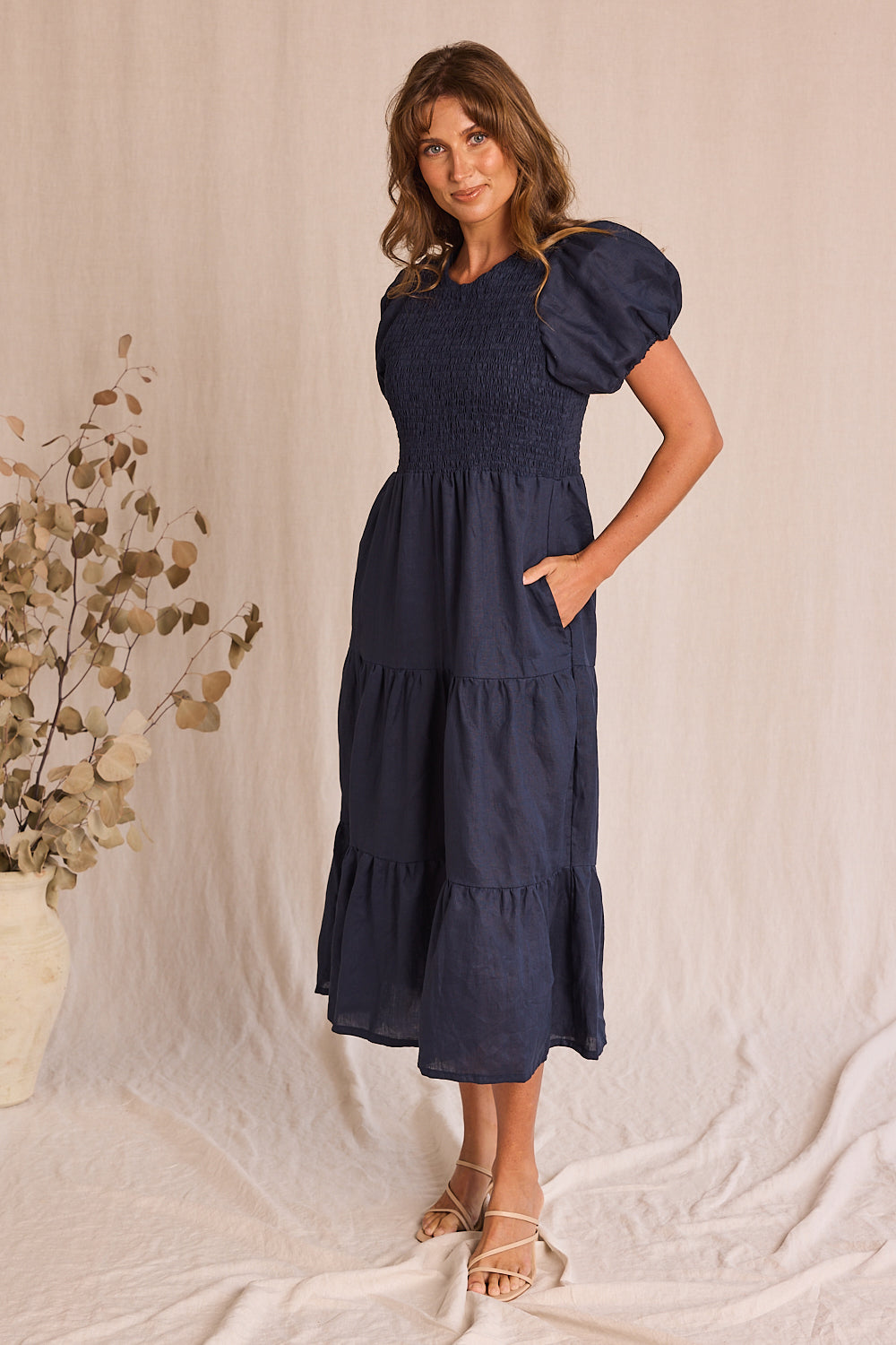 Minden Linen Shirred Short Sleeve Dress in Navy — gallery