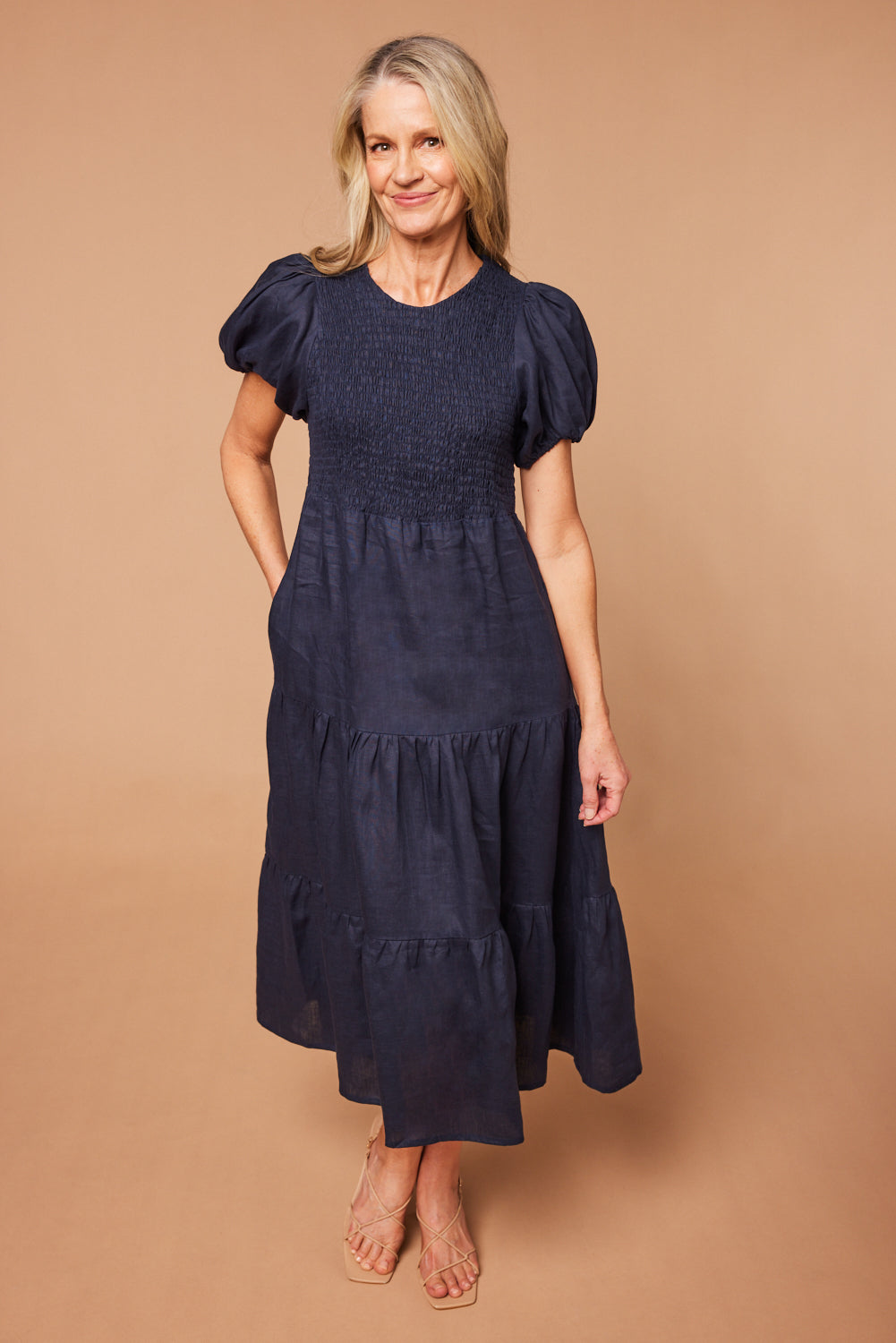 Minden Linen Shirred Short Sleeve Dress in Navy — gallery