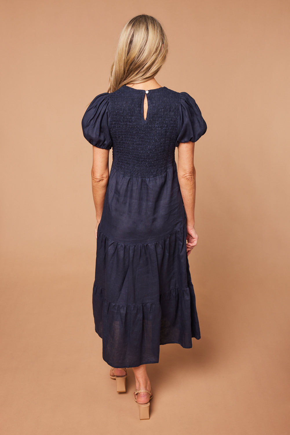 Minden Linen Shirred Short Sleeve Dress in Navy — gallery