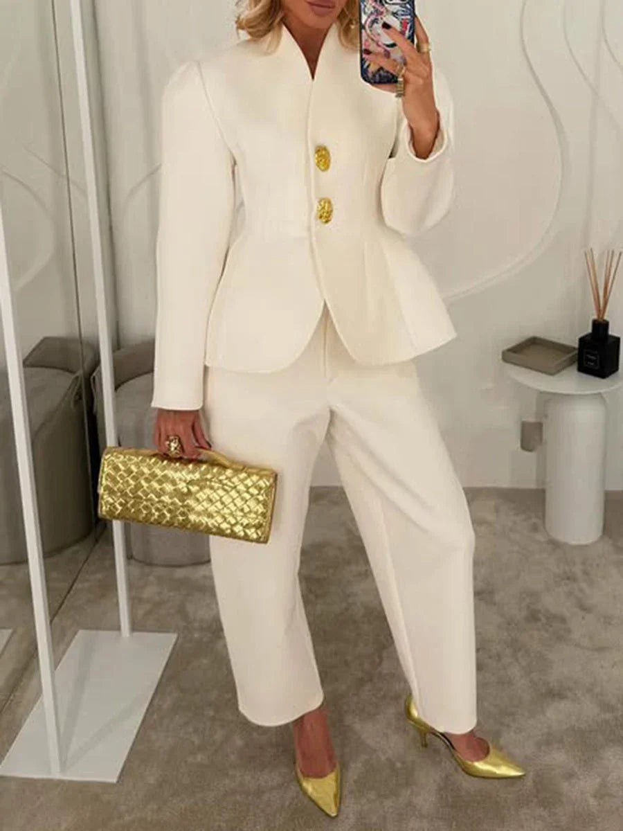 Stand Collar Gold Button Blazer & Trouser Set Trousers for Women - gallery