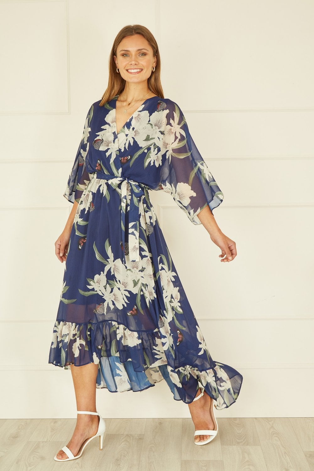 Floral Kimono Sleeve Dip-Hem Wrap Midi Dress for Women