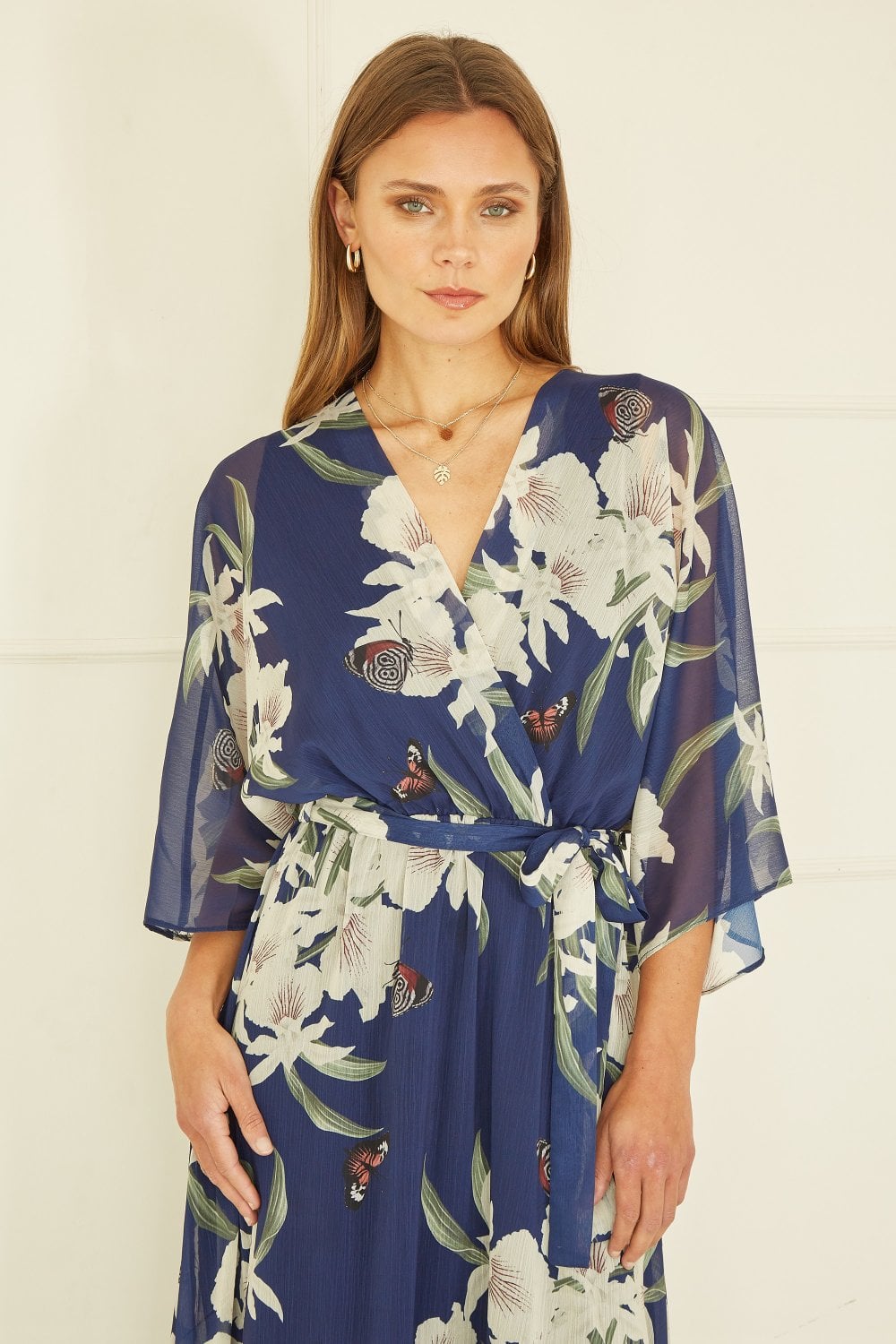 Floral Kimono Sleeve Dip-Hem Wrap Midi Dress for Women - gallery