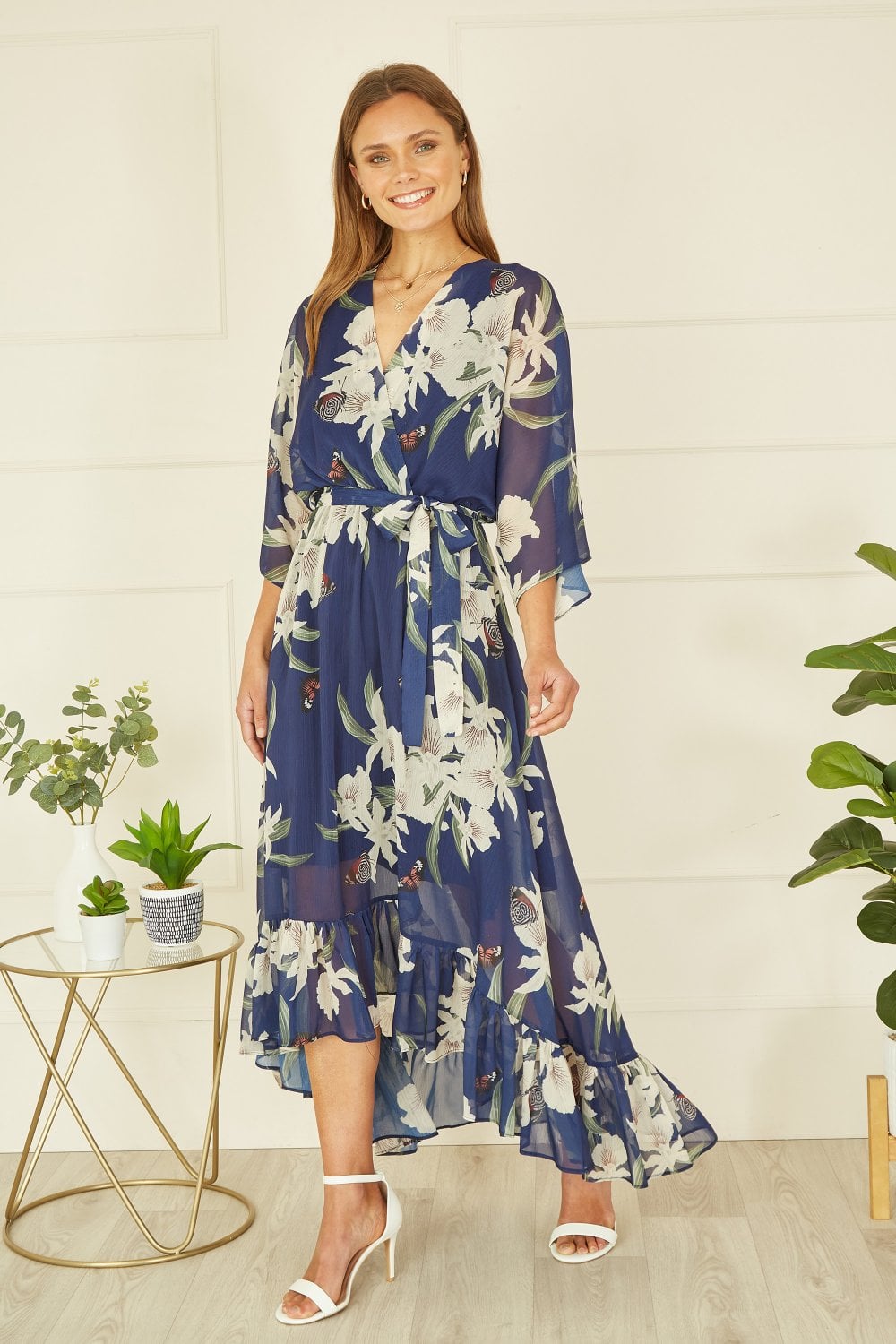 Floral Kimono Sleeve Dip-Hem Wrap Midi Dress for Women - gallery