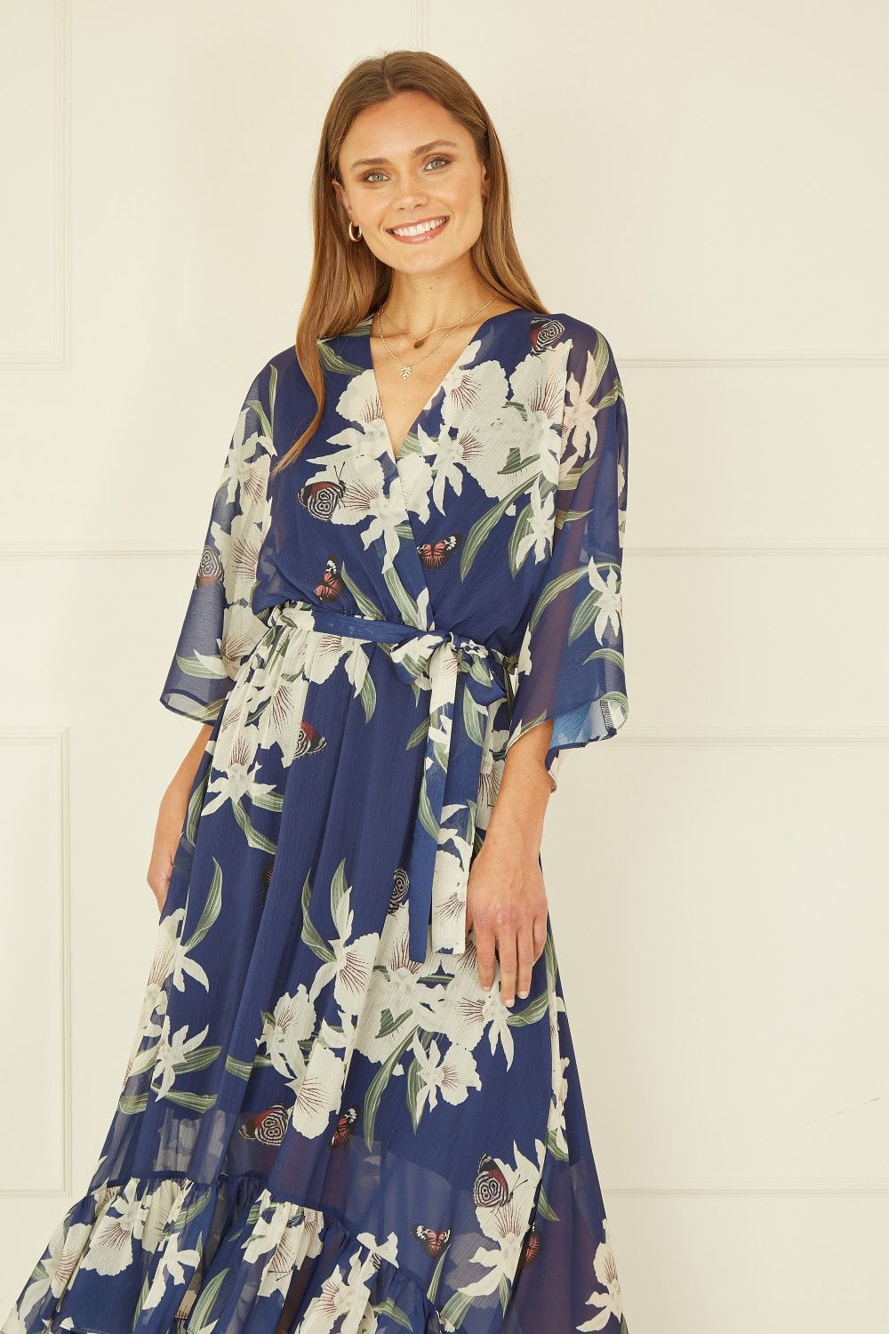 Floral Kimono Sleeve Dip-Hem Wrap Midi Dress for Women - gallery