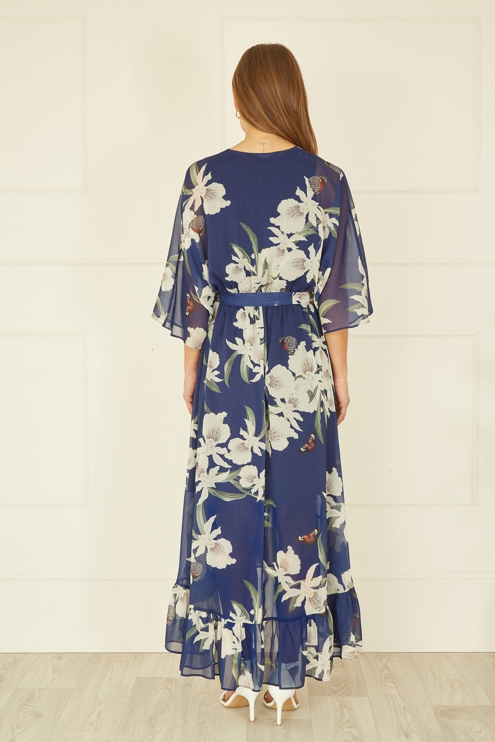Floral Kimono Sleeve Dip-Hem Wrap Midi Dress for Women - gallery