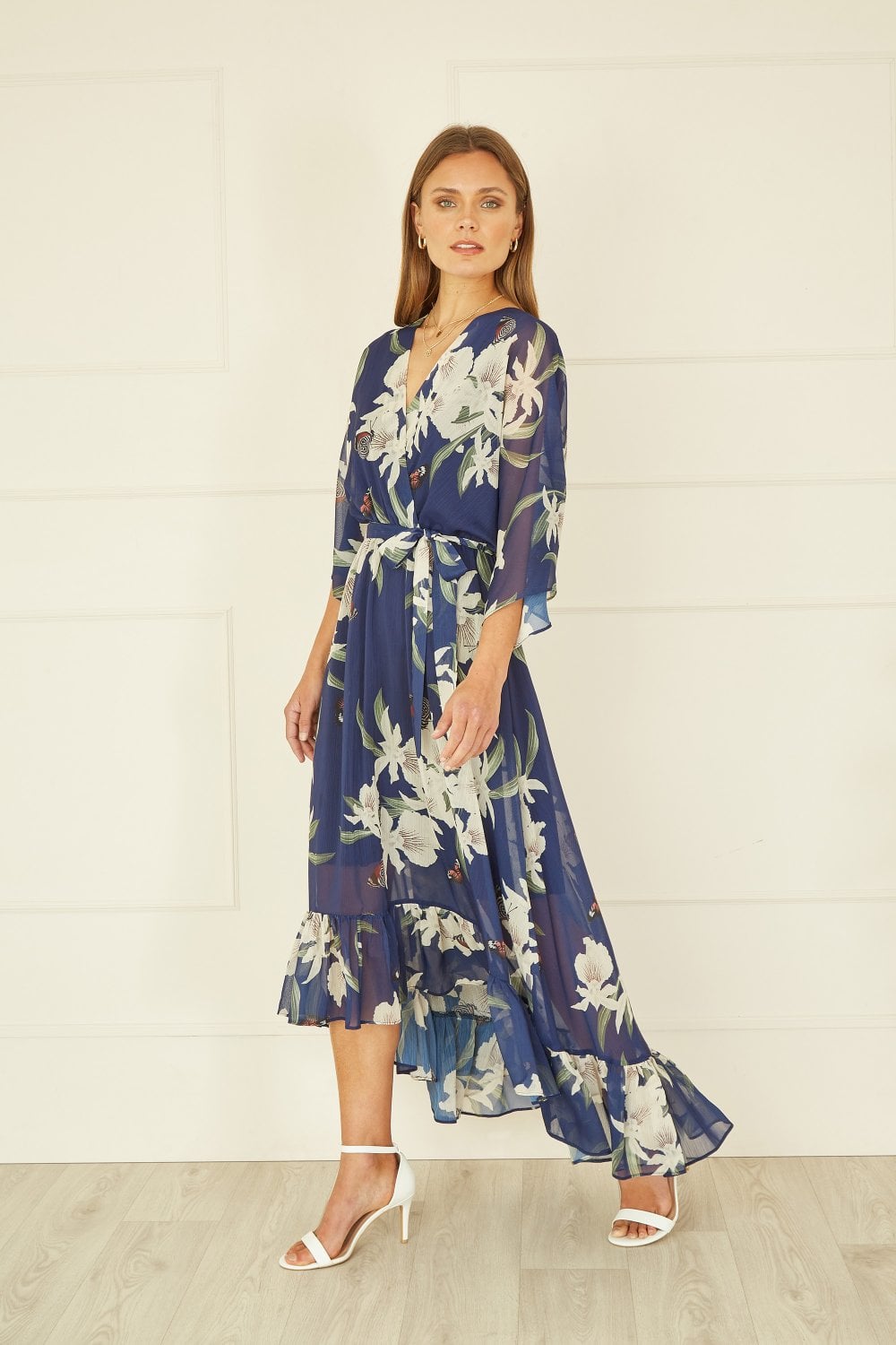 Floral Kimono Sleeve Dip-Hem Wrap Midi Dress for Women - gallery