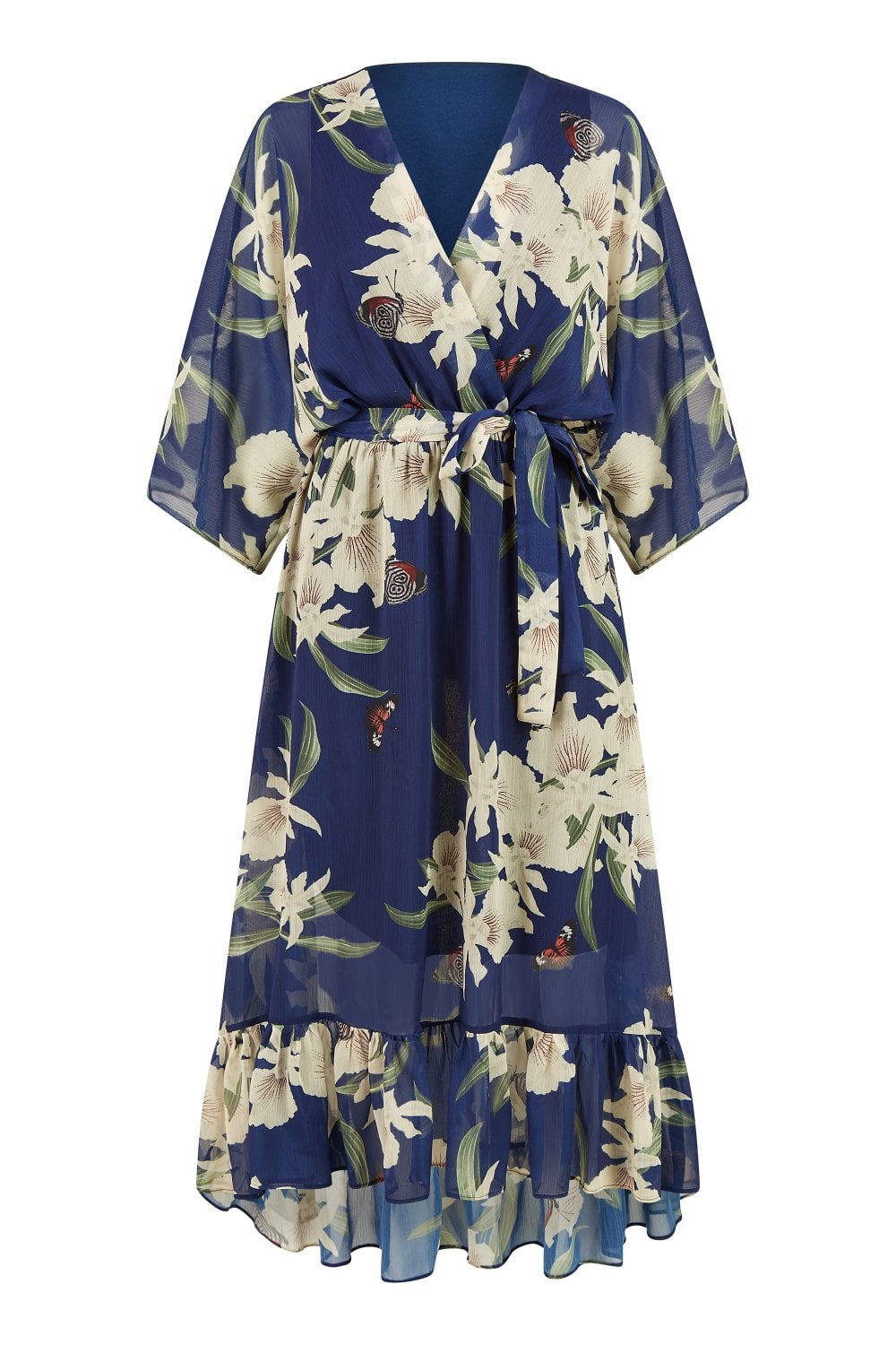 Floral Kimono Sleeve Dip-Hem Wrap Midi Dress for Women - gallery