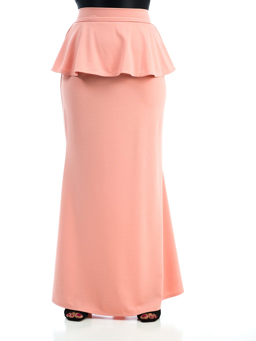 Peplum Maxi Skirt for Women — Fitted Scuba Knit High-Rise - Light Salmon