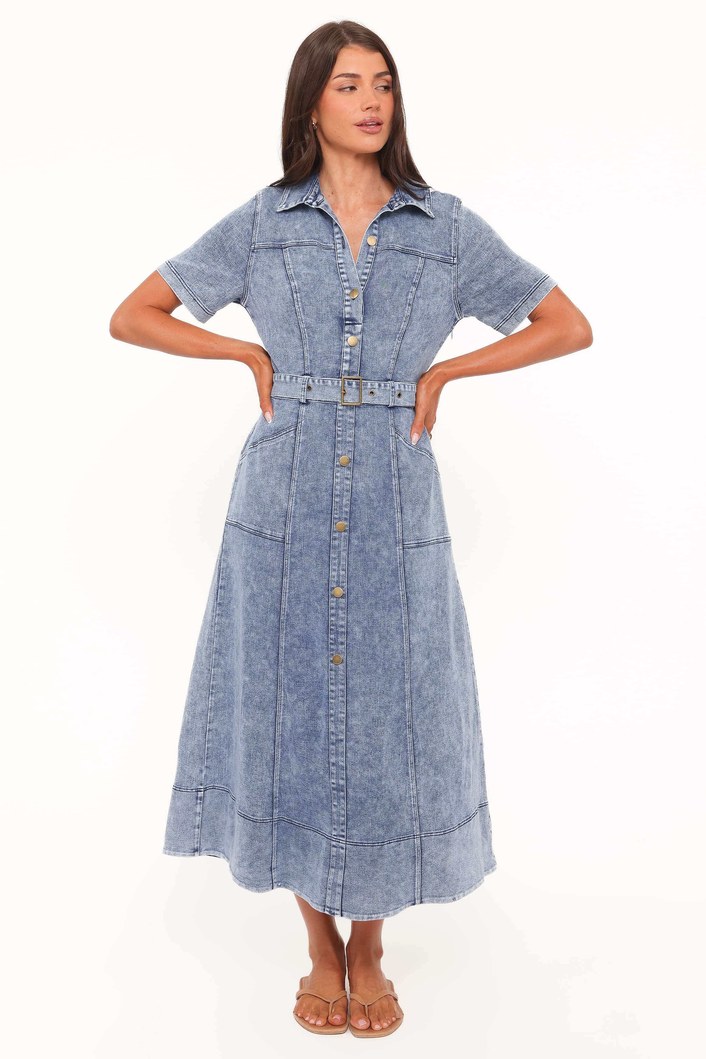 Tamara Denim Belted Button-Front Maxi Dress for Women - gallery