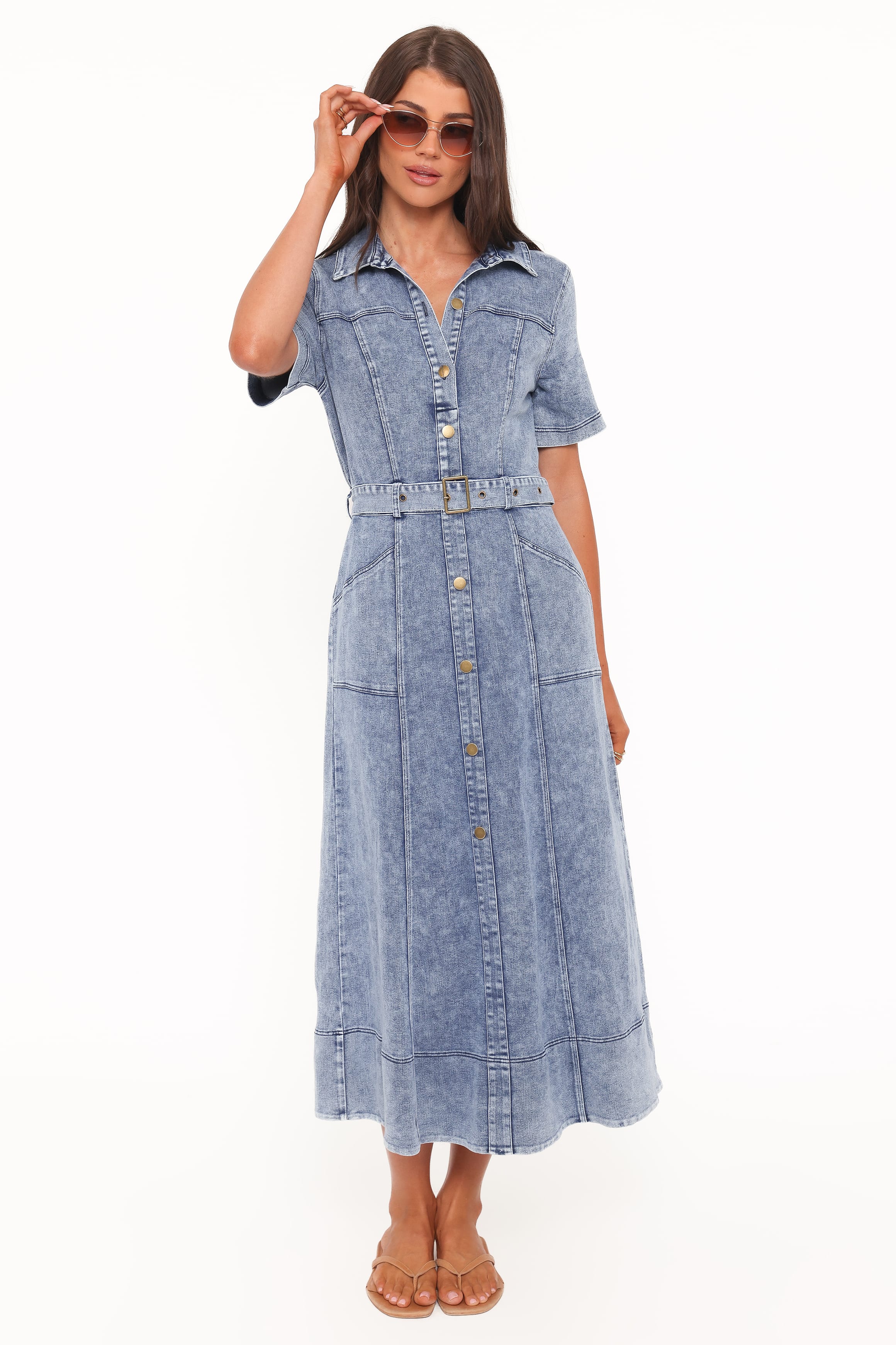 Tamara Denim Belted Button-Front Maxi Dress for Women - gallery
