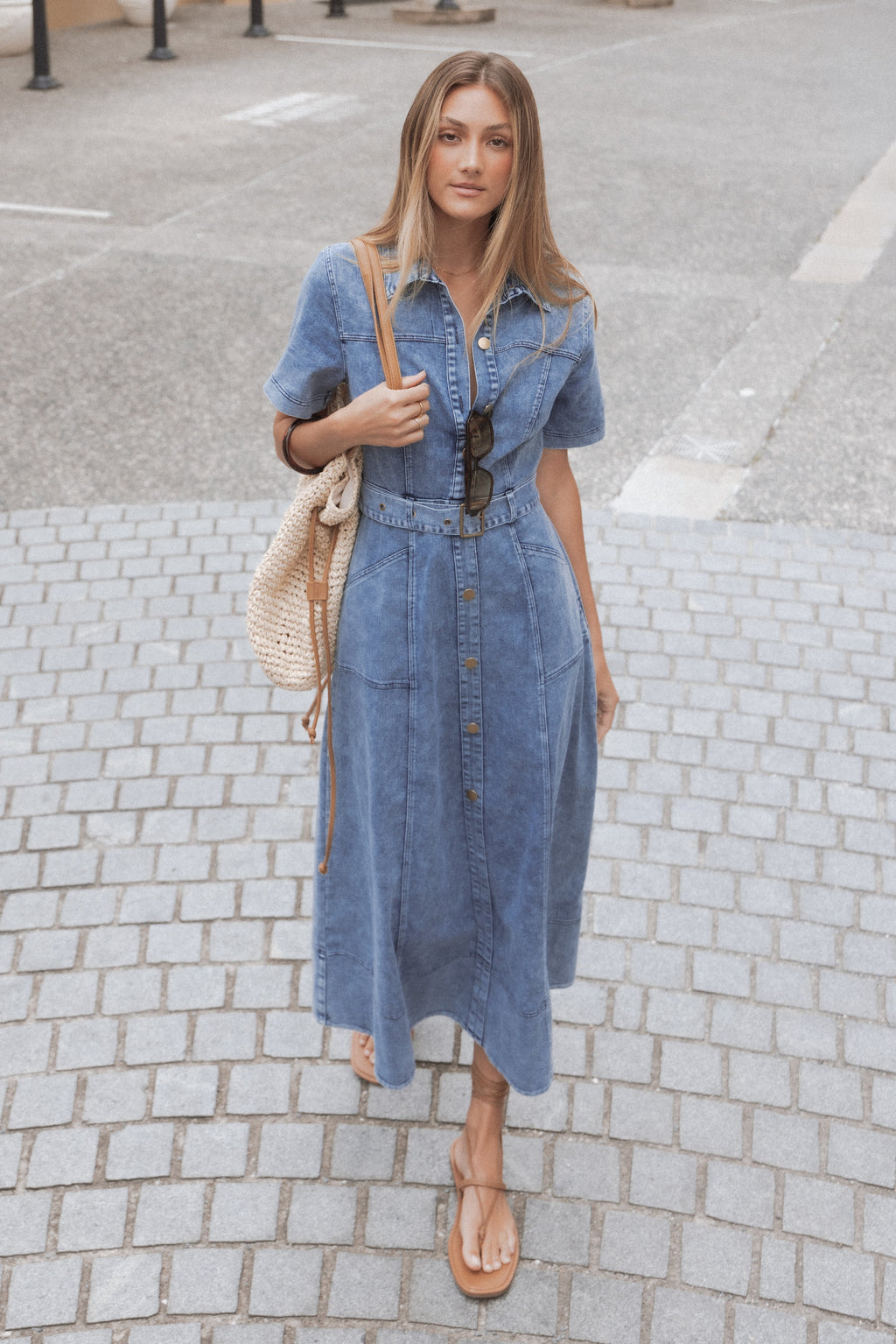 Tamara Denim Belted Button-Front Maxi Dress for Women - gallery