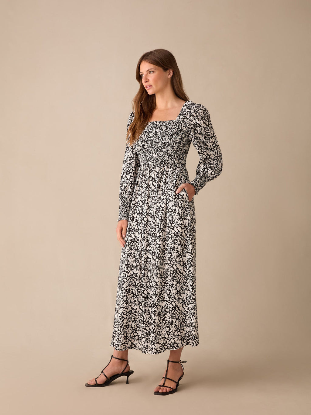 Petite Mono Floral Print Shirred Midaxi Dress — gallery