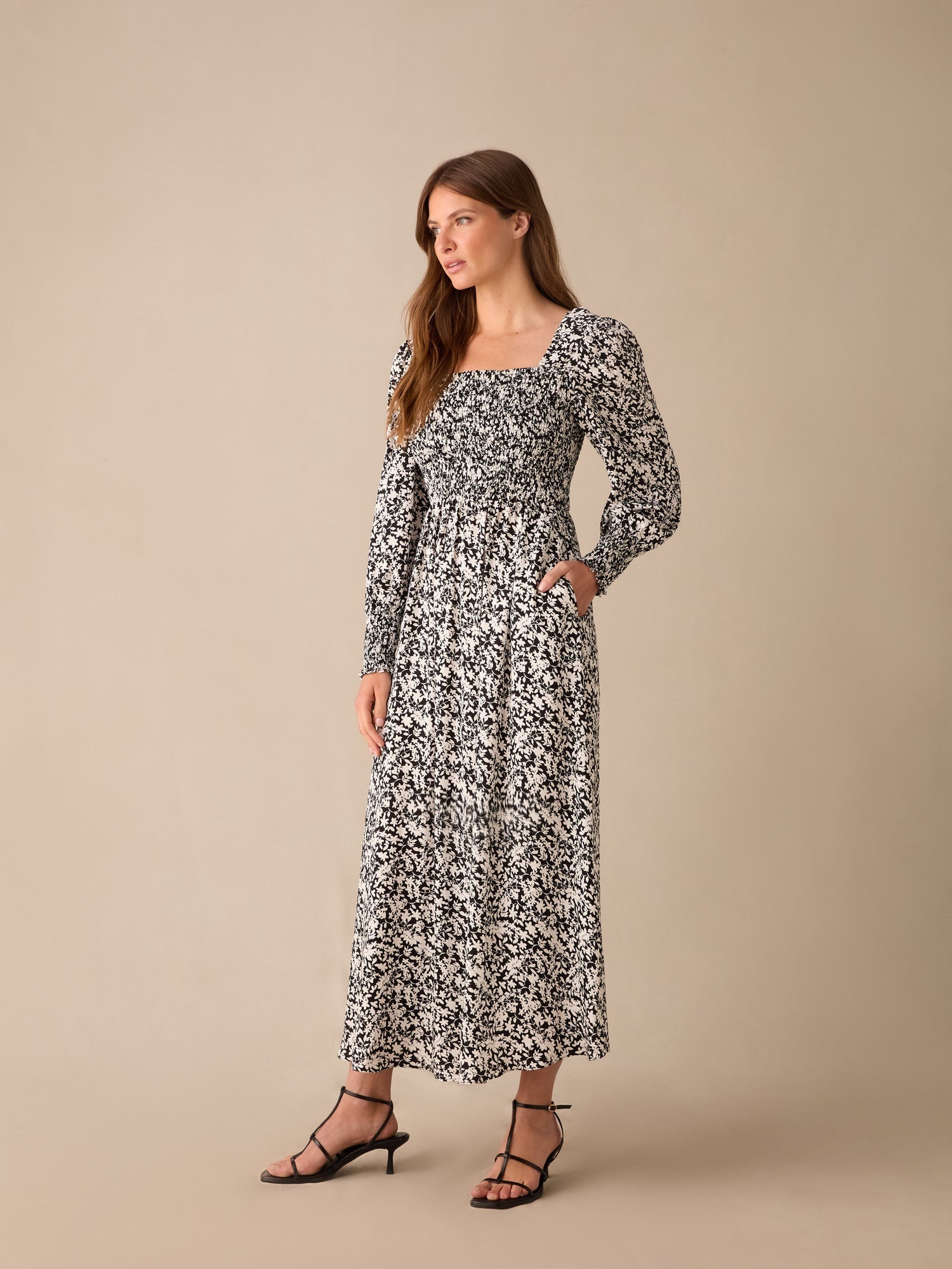 Petite Mono Floral Print Shirred Midaxi Dress — gallery