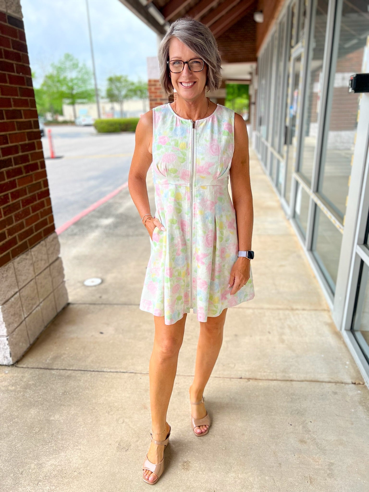 Pink Floral Zip Front Sleeveless Dress for Women — With Pockets - gallery