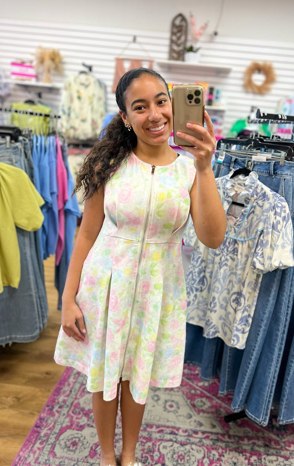 Pink Floral Zip Front Sleeveless Dress for Women — With Pockets