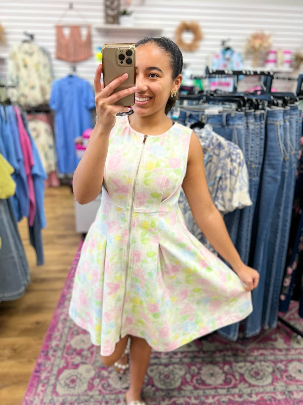 Pink Floral Zip Front Sleeveless Dress for Women — With Pockets - gallery