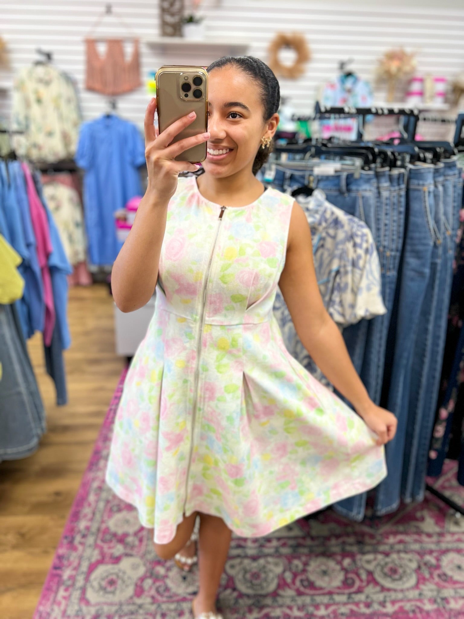 Pink Floral Zip Front Sleeveless Dress for Women — With Pockets - gallery