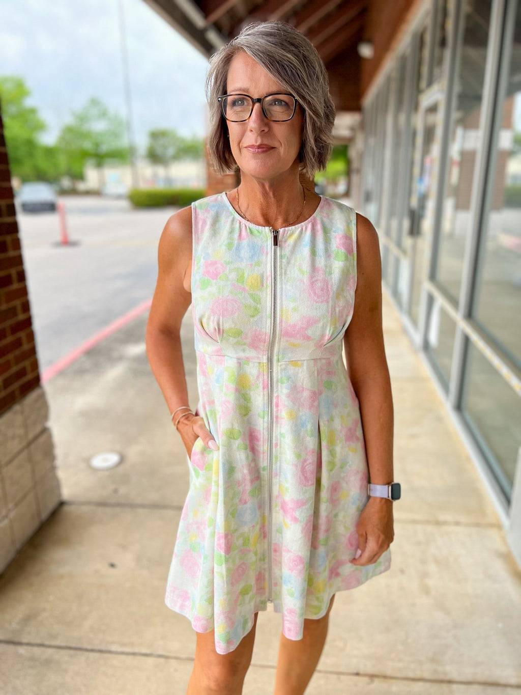 Pink Floral Zip Front Sleeveless Dress for Women — With Pockets - gallery