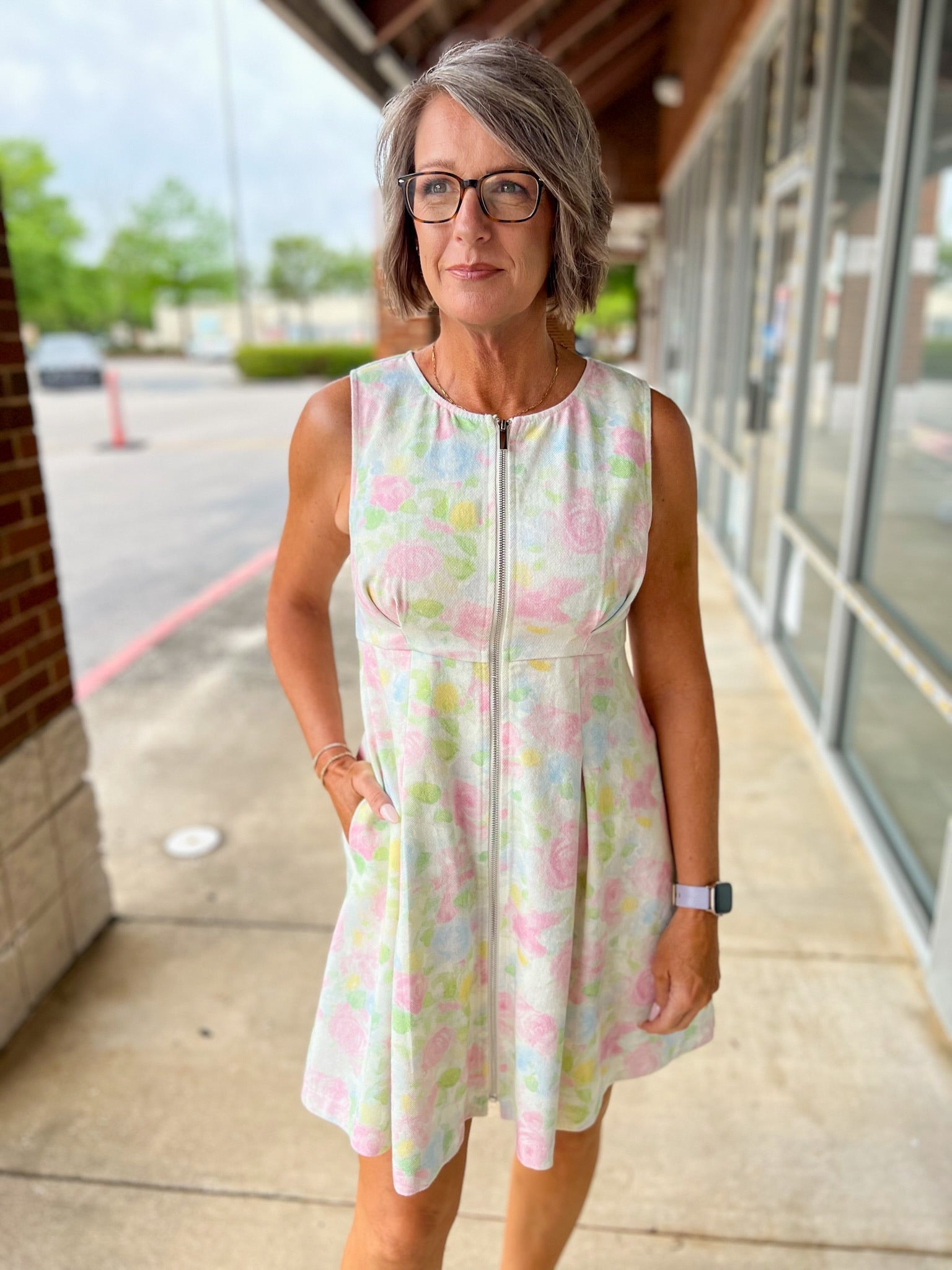 Pink Floral Zip Front Sleeveless Dress for Women — With Pockets - gallery