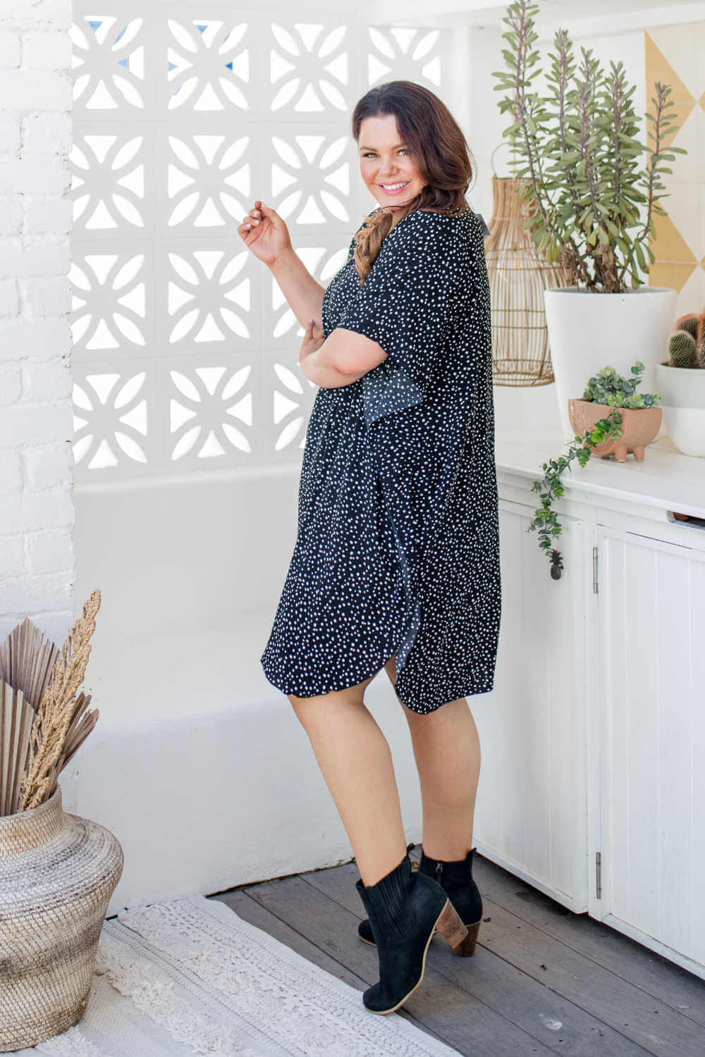 Short Kaftan Dress - Messy Polka Black — gallery
