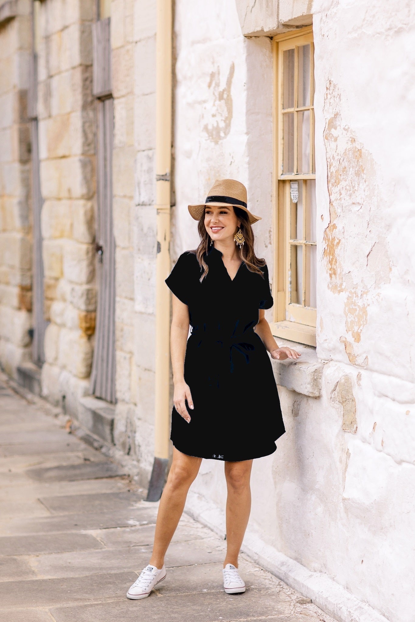 Relaxed Linen Dress for Women — Split Neckline and Belt