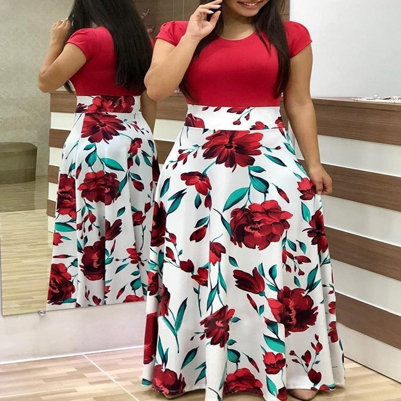 Plus Size Summer Print Stitching Flower Long Banquet Dress for Women